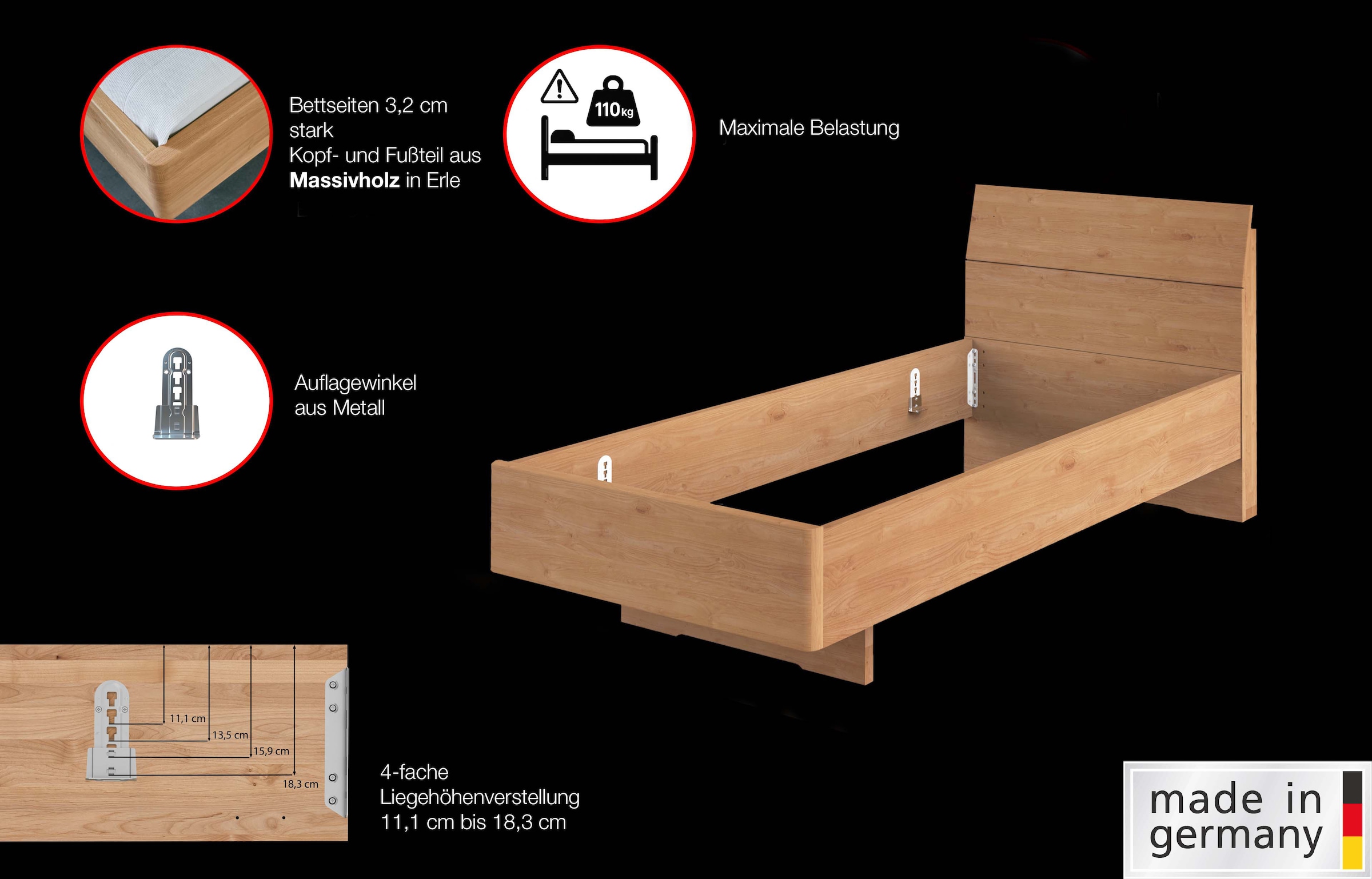 WIEMANN Holzbett »Cardiff, Bettgestell, Bettrahmen, teilmassiv Erle« Belastbarkeit 110/220 Kg, 4-fache höhenverstellbar, MADE IN GERMANY,  Kopf- und Fußteil aus Massivholz in Erle, verschiedene Größen