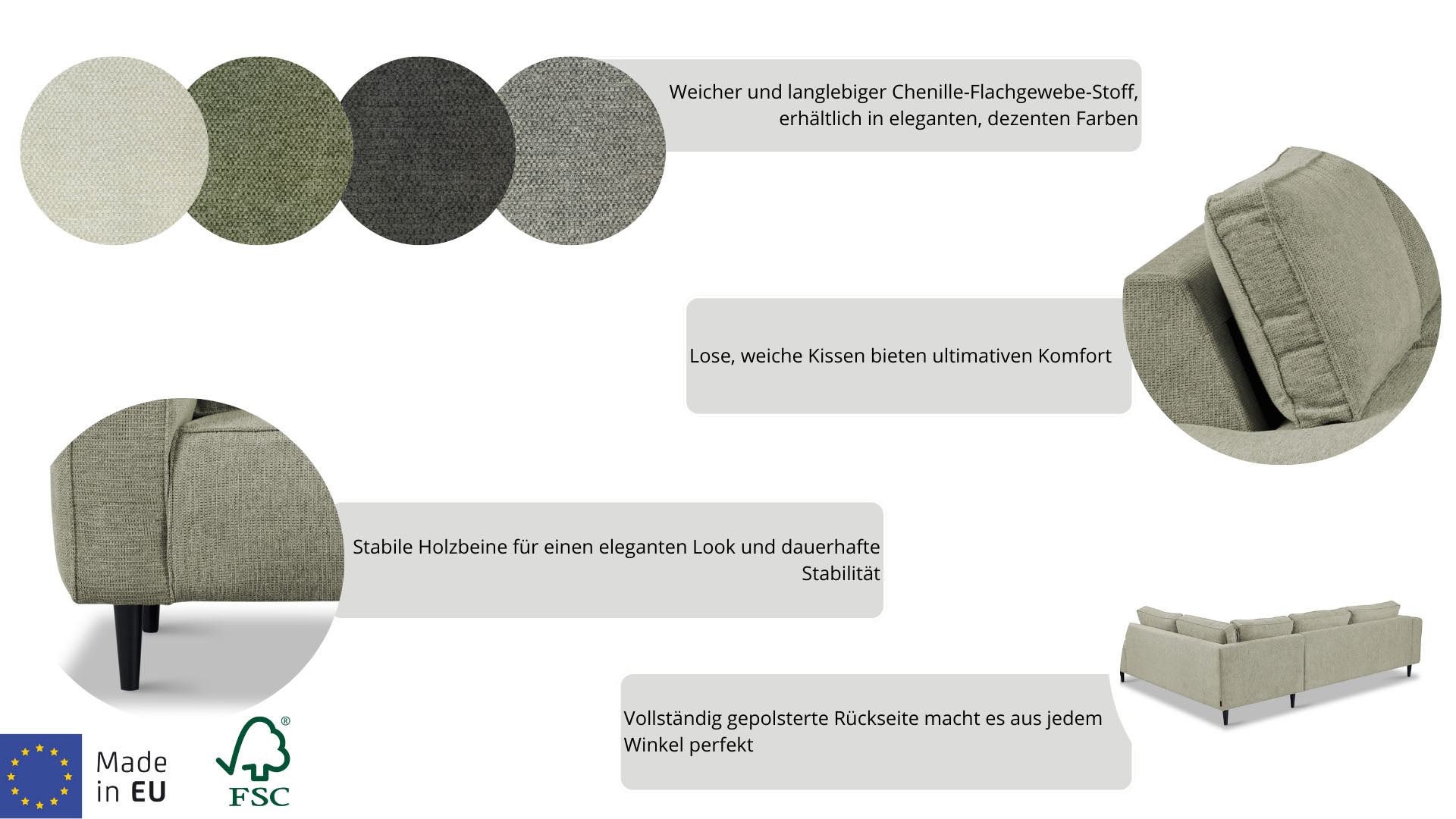 PLACES OF STYLE Ecksofa »Fumone, Lederoptik oder Soft-Touch Chenille« Breite 260, mit schwarzen Massivholzfüßen