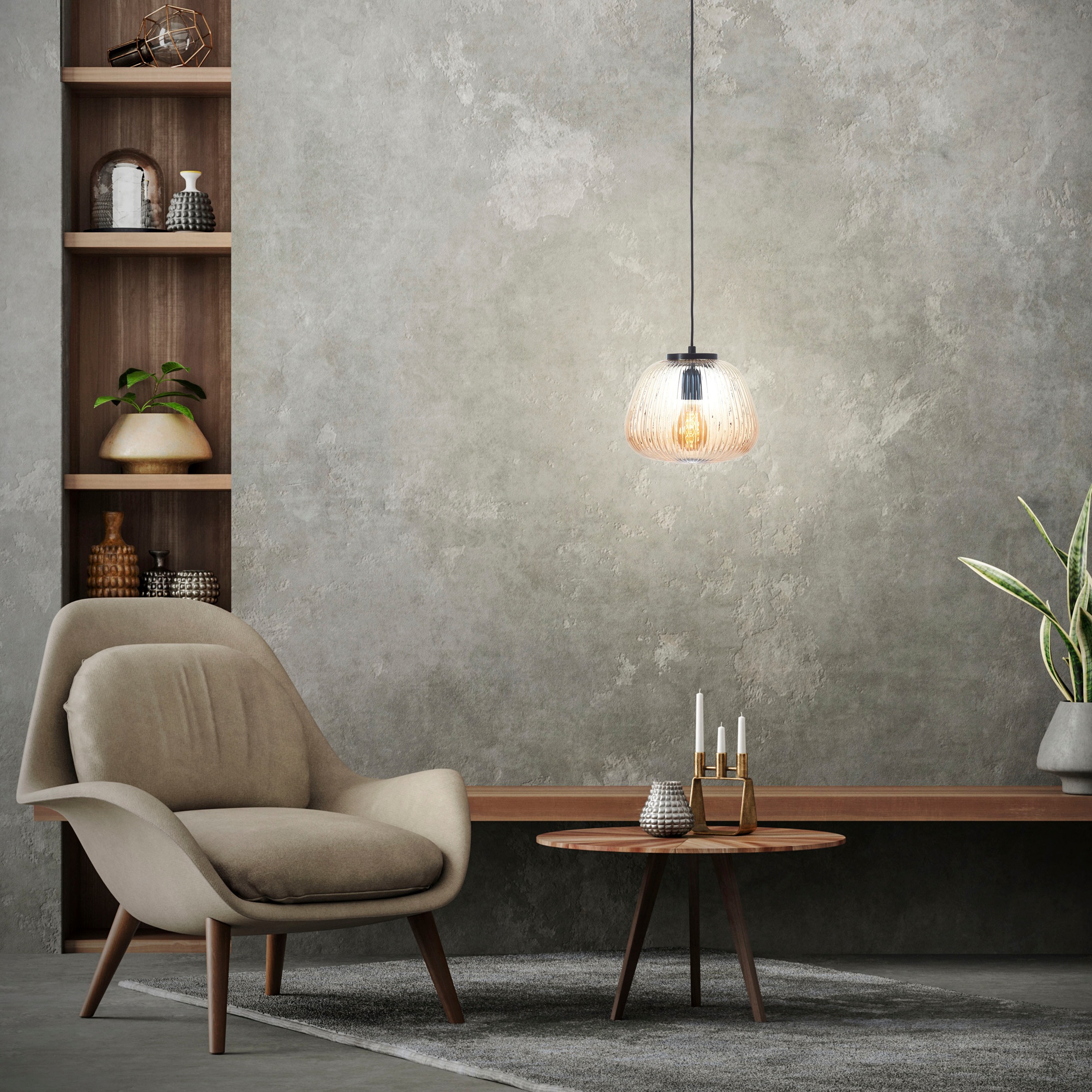 Brilliant Pendelleuchte »Kaizen«, 1 flammig, Leuchtmittel E27 | ohne Leuchtmittel, Riffelglas, D 25 cm, E27, kürzbar, Amber-Bernsteinfarben