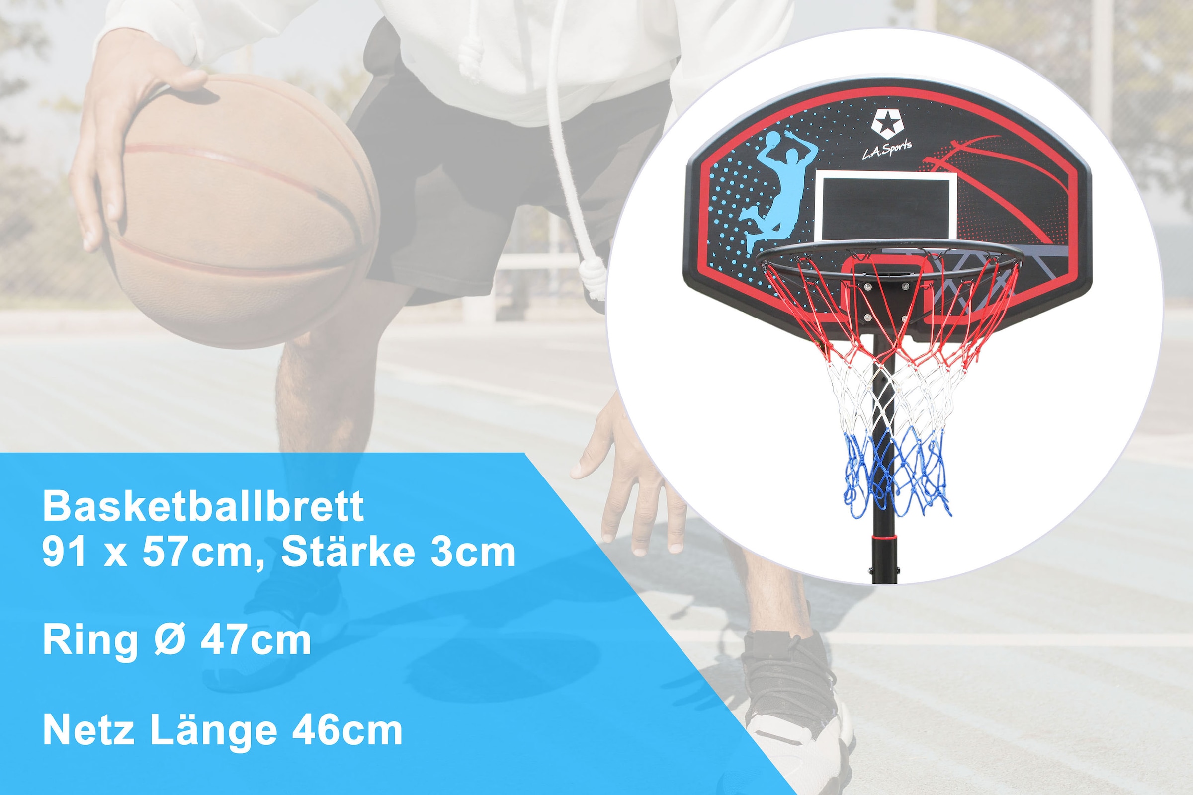 L.A. Sports Basketballkorb, 3 mit Netz Metallrohre Komplett-Set Transportrollen, stabile und (Set, pulverbeschichtete Basketballkorb, mit St., bei Ständer)