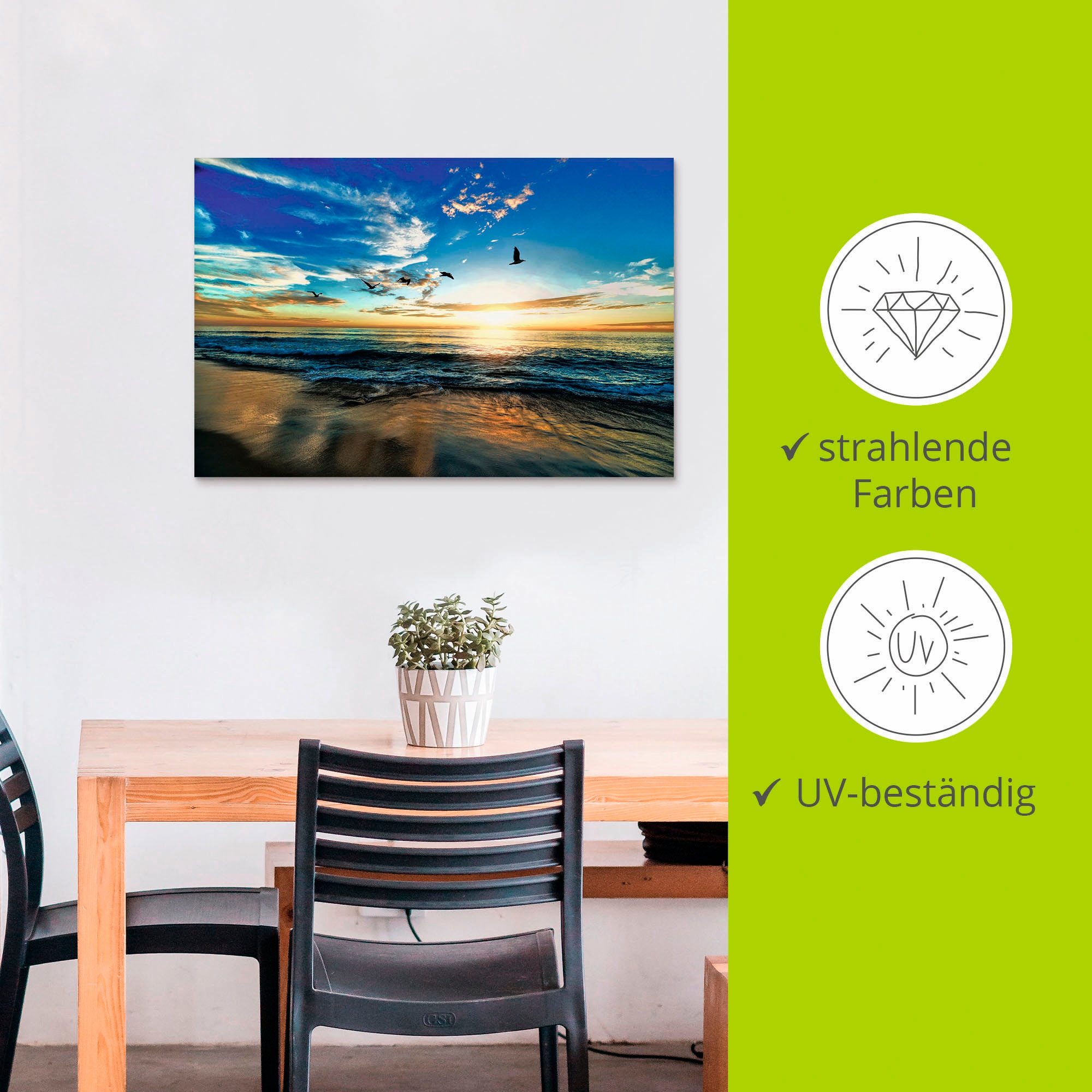 Artland Wandbild »Strand Möwen Meer Sonnenuntergang«, Sonnenaufgang & -untergang, (1 St.), als Alubild, Outdoorbild, Leinwandbild, Poster, Wandaufkleber