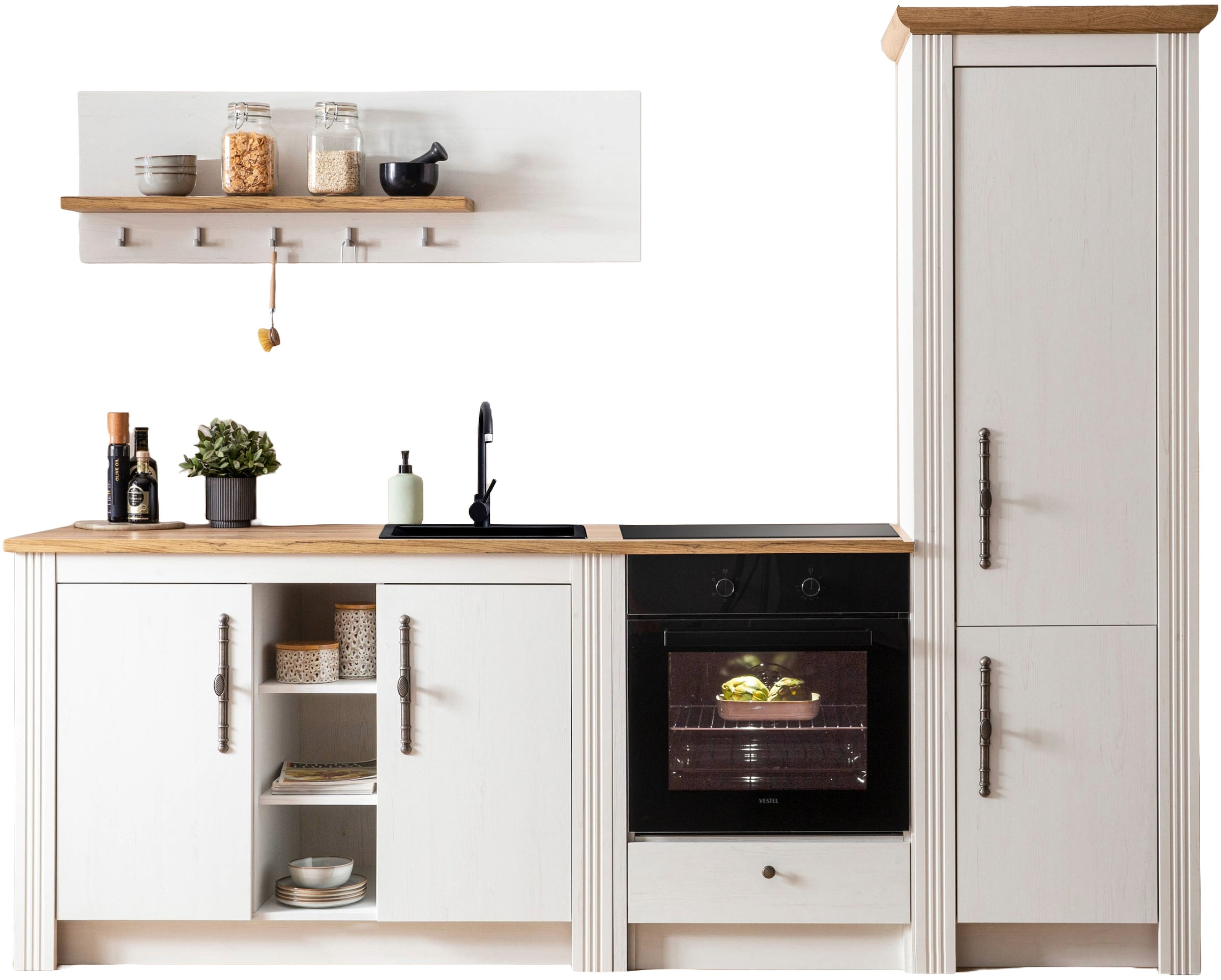 OTTO home Küchenzeile "KS-Westminster, Pantryküche im Landhaus Stil, hochwertige Metallgriffe" Set, Breite 257 cm, Kommode, Wandpaneel, Stauraumschrank, Herdumbau