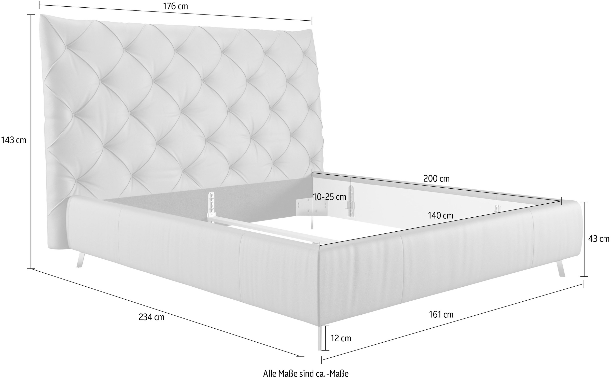 Home affaire Polsterbett »Maxime, in 4 Breiten bis 200cm, auch in Leder« Kopfteilhöhe 143 cm, belastbar bis 280 kg, auch in Überlänge 220cm