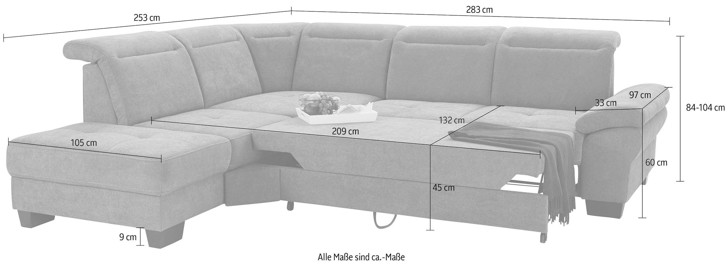 Places of Style Ecksofa »Cornwall L-Form«, incl. Sitztiefenverstellung, mit Bettfunktion und Kopfteilverstellung