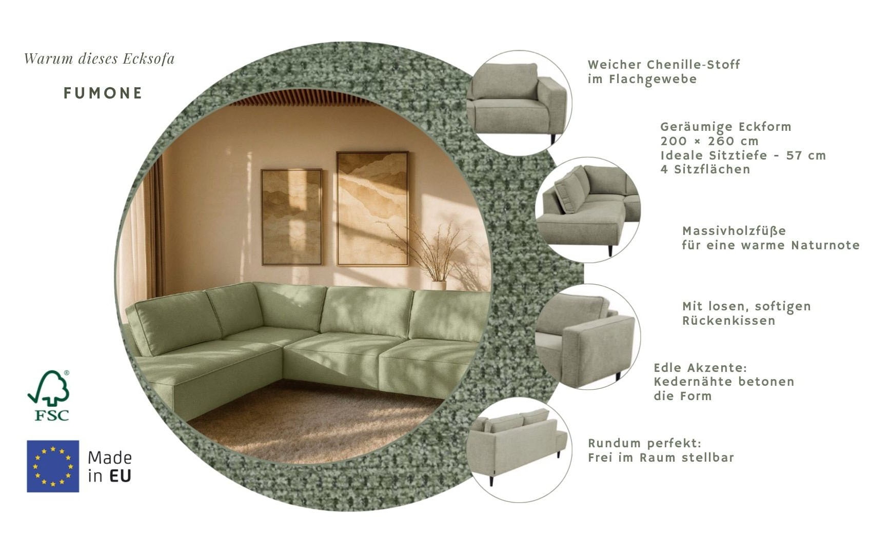 OTTO home Ecksofa »Fumone, Lederoptik oder Soft-Touch Chenille« Breite 260, mit schwarzen Massivholzfüßen