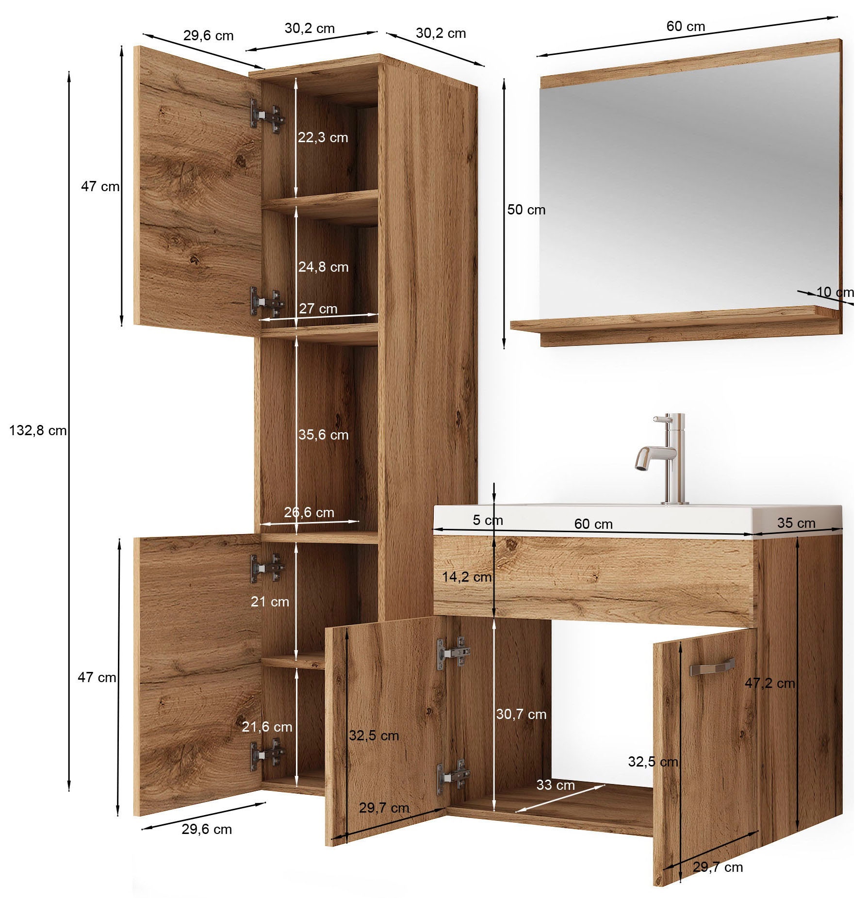 welltime Badmöbel-Set »Lorca«, Set L Lorca 60cm Waschbecken Unterschrank Hochschrank Waschtisch