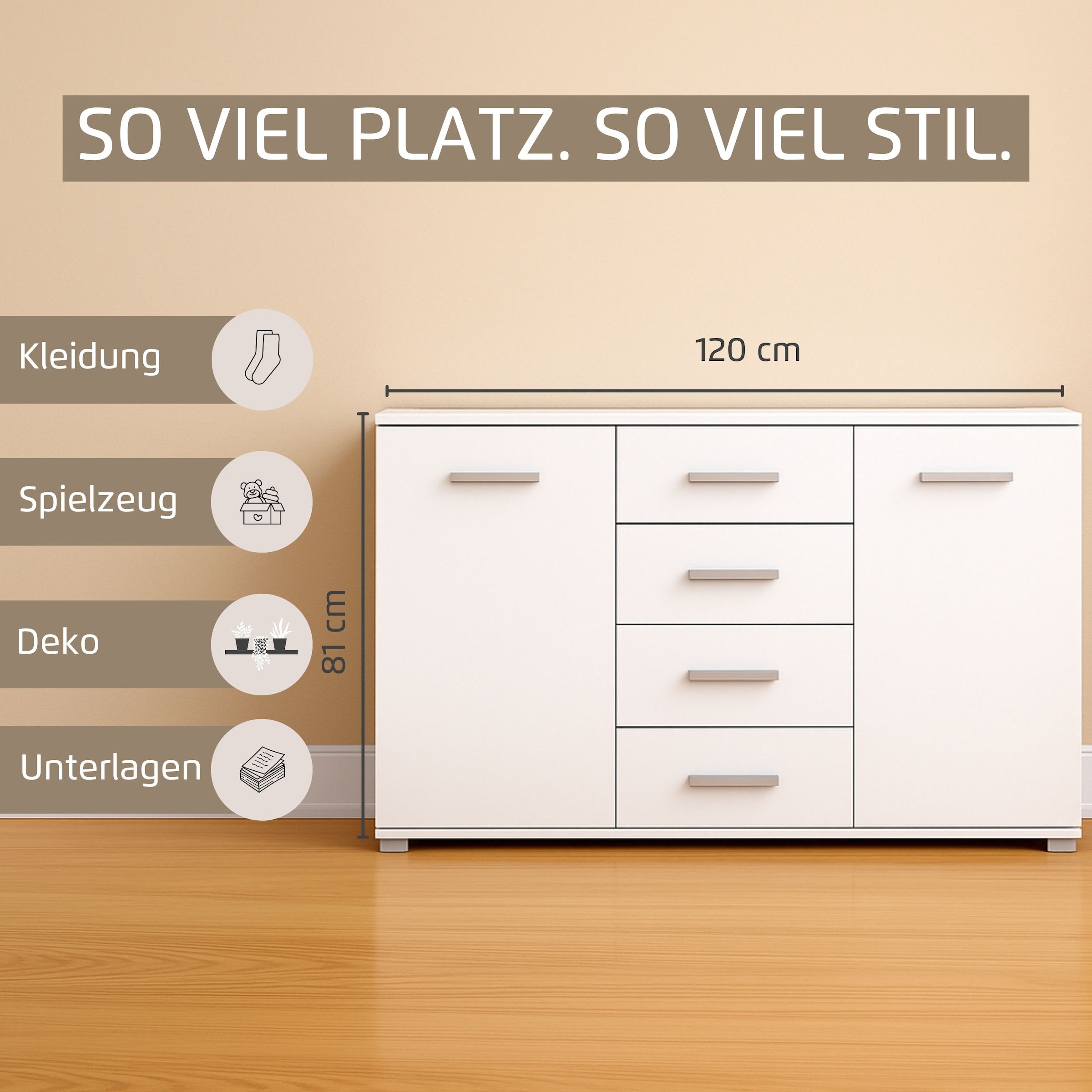 rauch Schubkastenkommode »Sideboard Kommode Kombikommode KOLUNA mit Glasfront«, (Breite 120 cm), vier große Schubladen, mit insgesamt 4 Einlegeböden MADE IN GERMANY