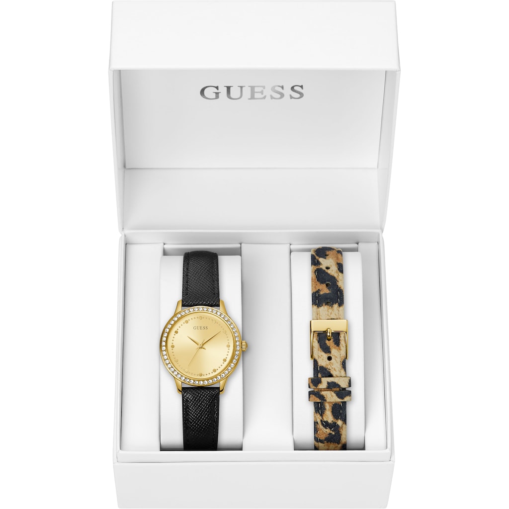 Guess Quarzuhr »CHELSEA,GW0344L1«, (2 tlg., mit einem Wechselband im Leo-Look)