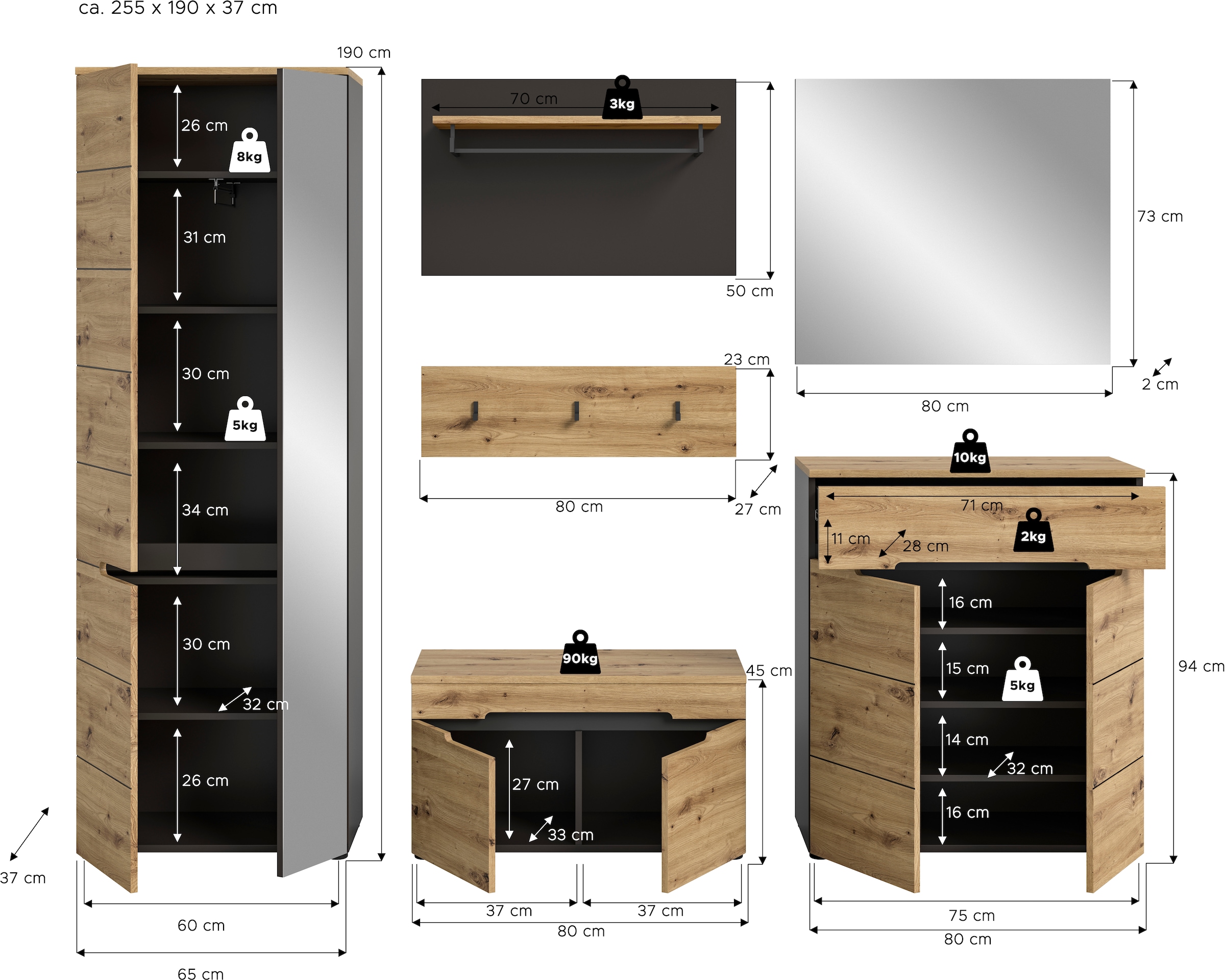 INOSIGN Garderoben-Set »REHAT, TOPSELLER!, 6-teilig, Breite 255cm, individuell stellbar«, (6 St.), Garderobenkombination, Kombination, Diele, Garderobe, Garderobenmöbel