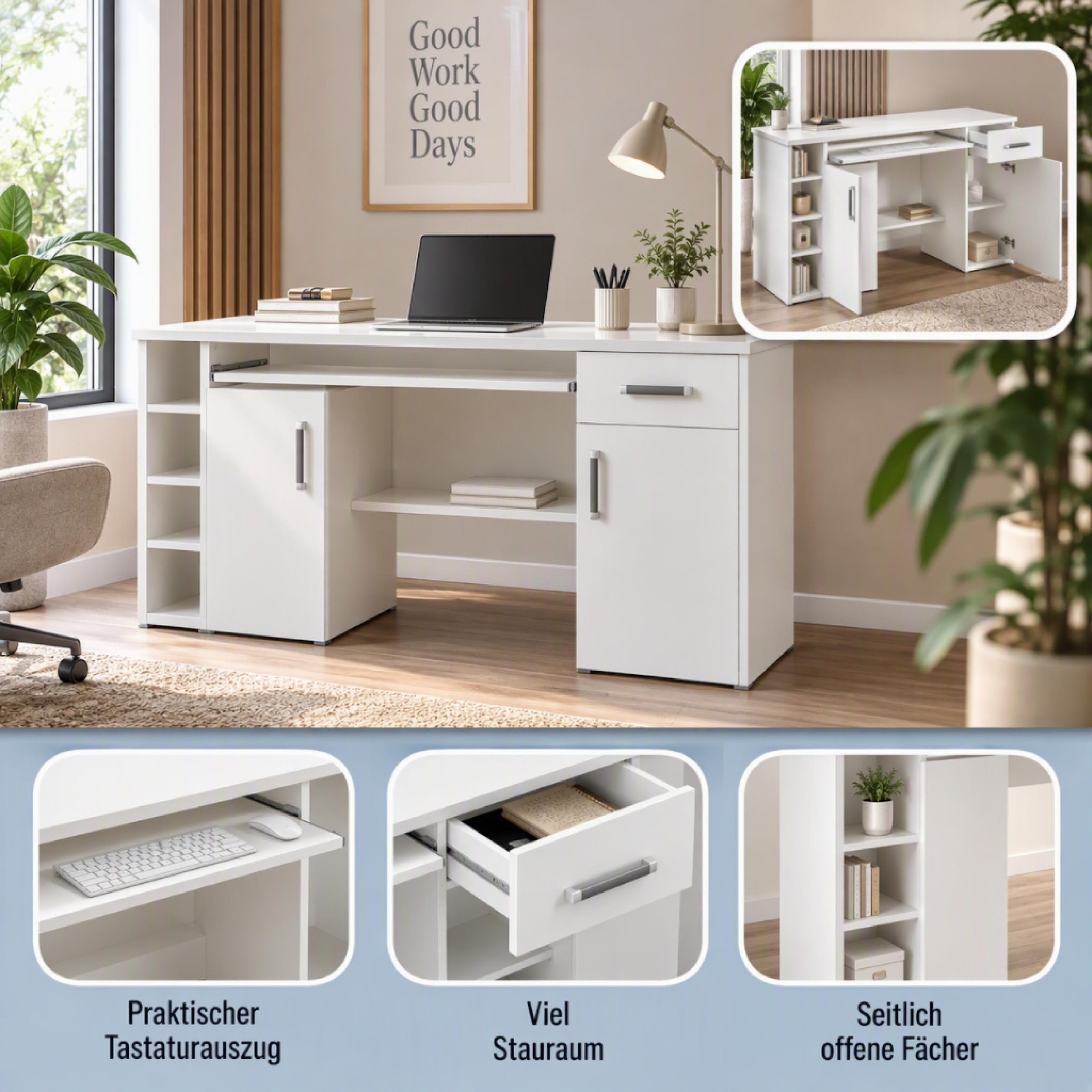 VOGL Möbelfabrik Schreibtisch »Tim mit seitlich offenen Fächern & Tastaturauszug,« Druckerablage, 1 Schublade, Breite 138 cm, Made in Germany