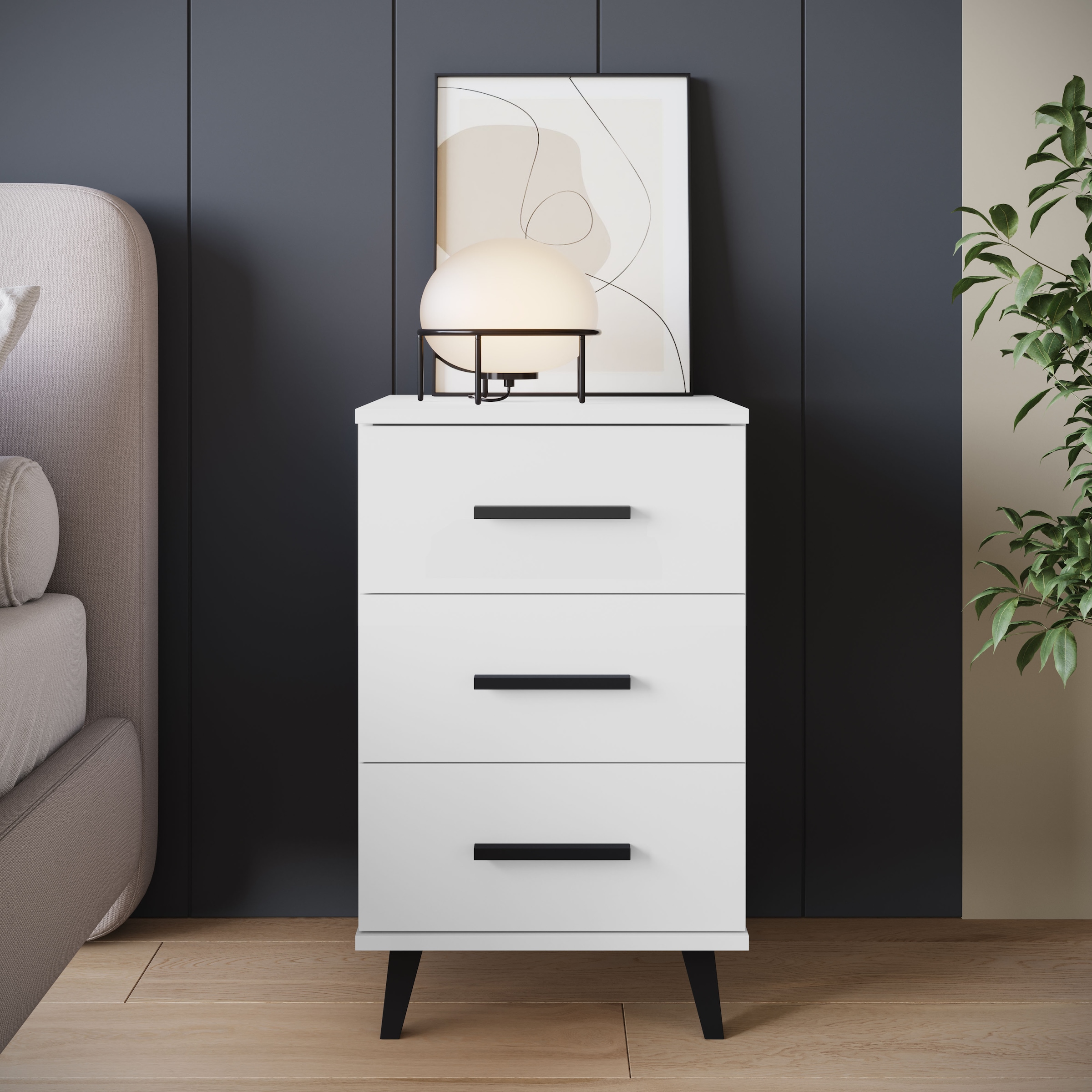INOSIGN Nachtkommode »Lagos, 2 Nachtschränke, 3 Schubladen, schwarze Griffe & Füße«, (Set, 2 St., 2 wunderschöne Nachttische im Set), modernes Design, B/T/H je 40/35/65 cm, pflegeleichte Oberfläche