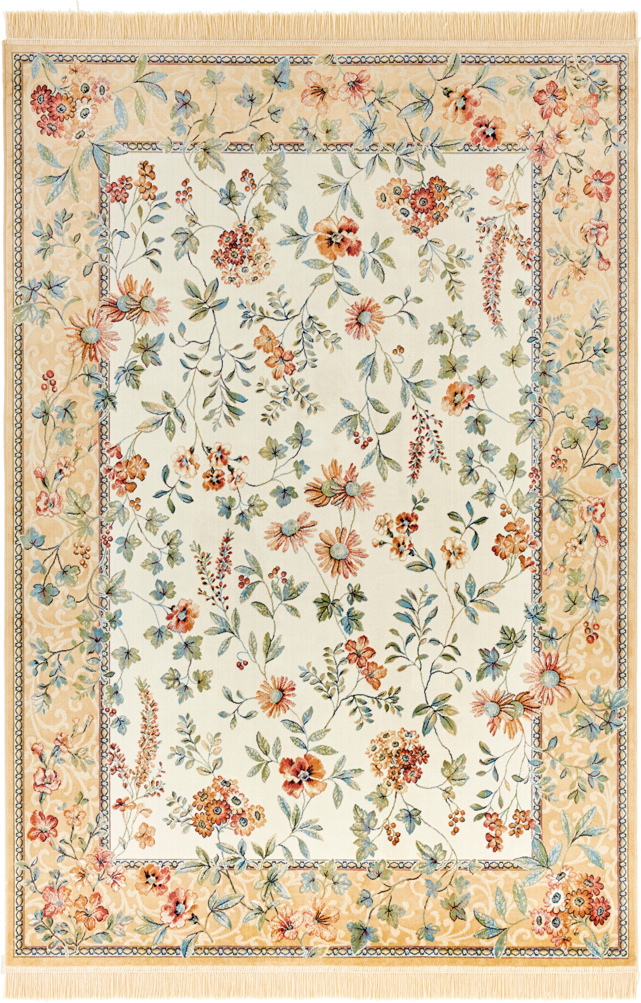 NOURISTAN Teppich »Orient Flowers«, rechteckig, 5 mm Höhe, Kurzflor mit Fransen, Orient, Wohnzimmer, Schlafzimmer, Esszimmer