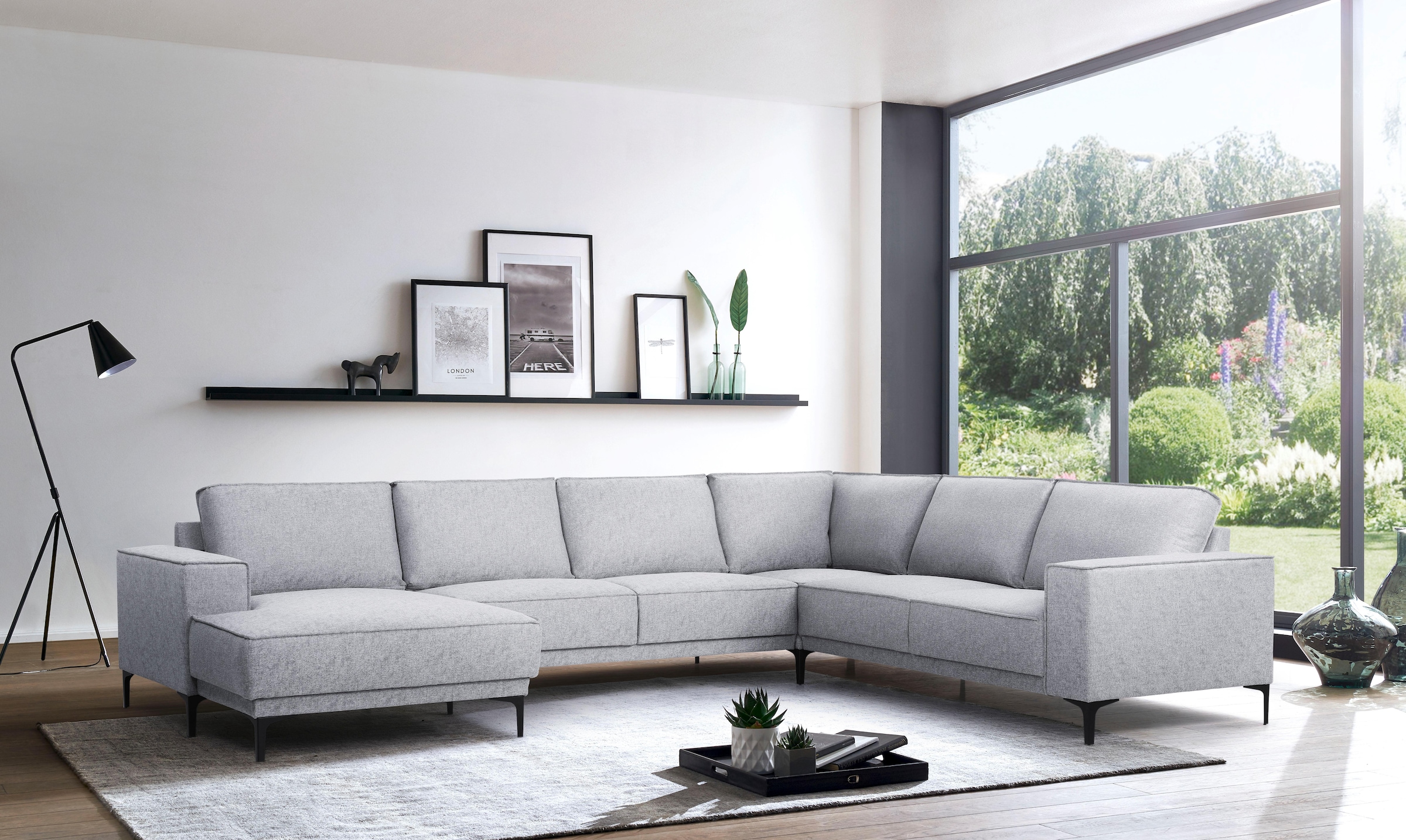 PLACES OF STYLE Wohnlandschaft »XXL Sofa Oland, Struktur, Flachgewebe, Luxus-Microfaser, Boucle« U-Form, 342 cm, Wellenunterfederung, Skandi-Design, Metallfüße