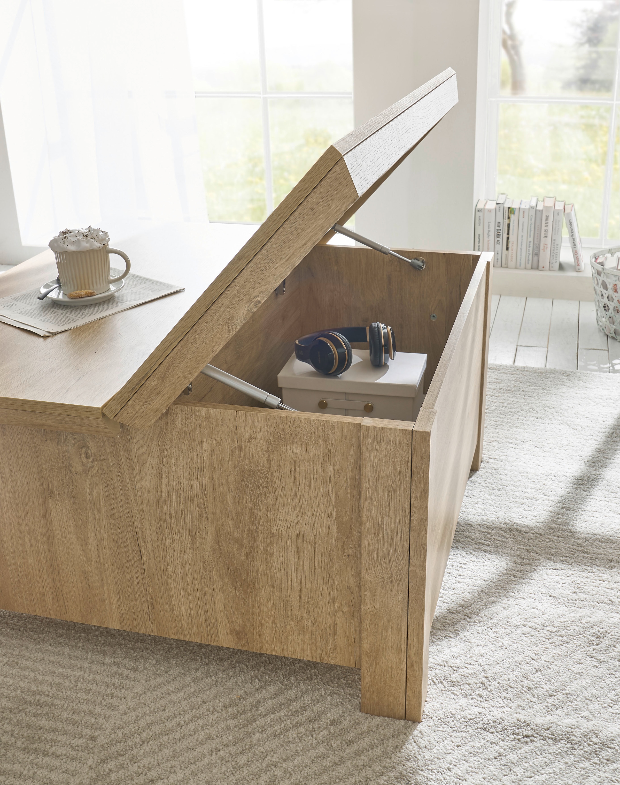 Home affaire Couchtisch »Cornwall, Beistelltisch im Landhausstil, Sofatisch, Eiche Dekor«, (1 St.), 93 cm breit, Klappenfach und offenen Fächern