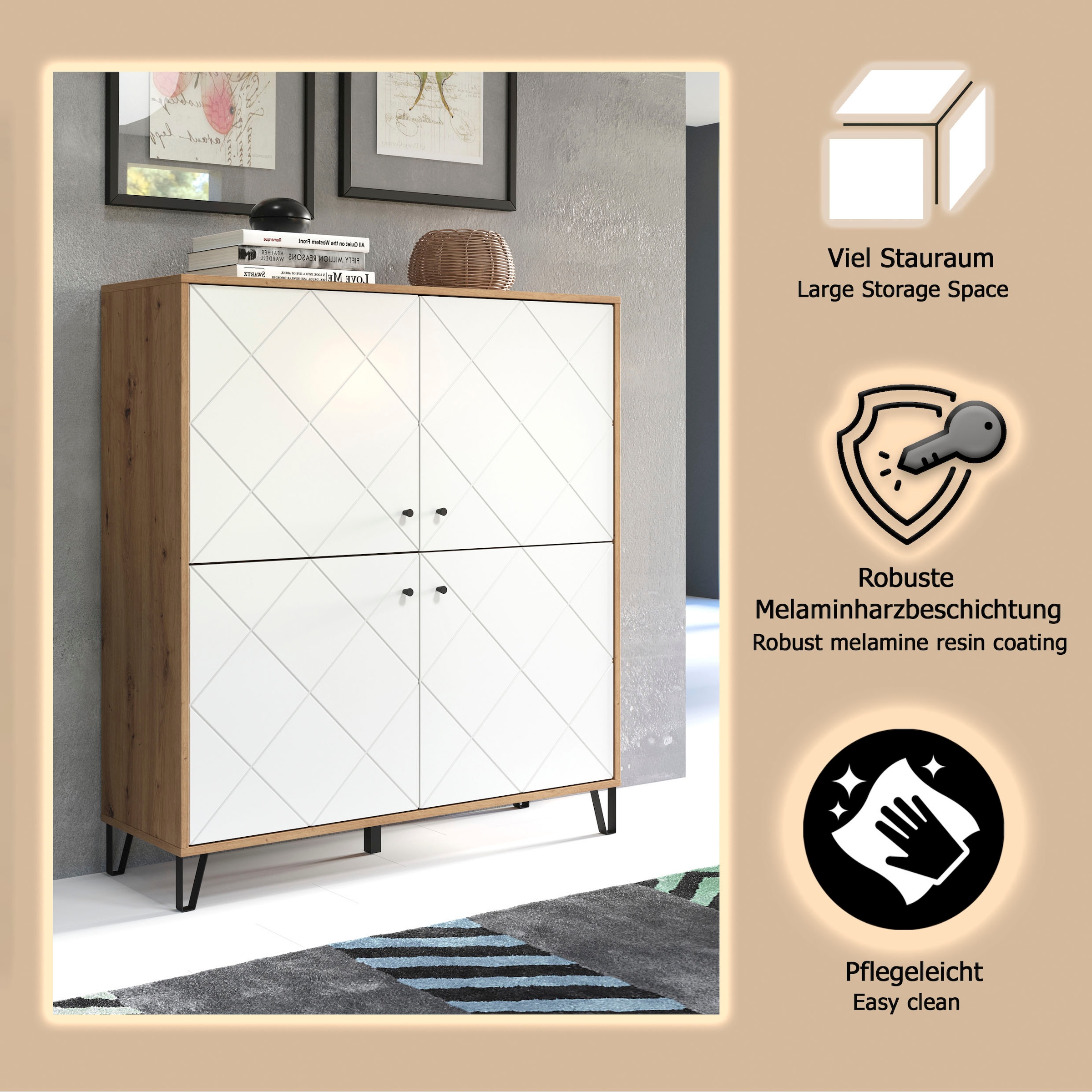 PLACES OF STYLE Highboard »Tarragona« Highboard mit 4 Türen & Soft-Close - (B/T/H) 123/40/136 cm