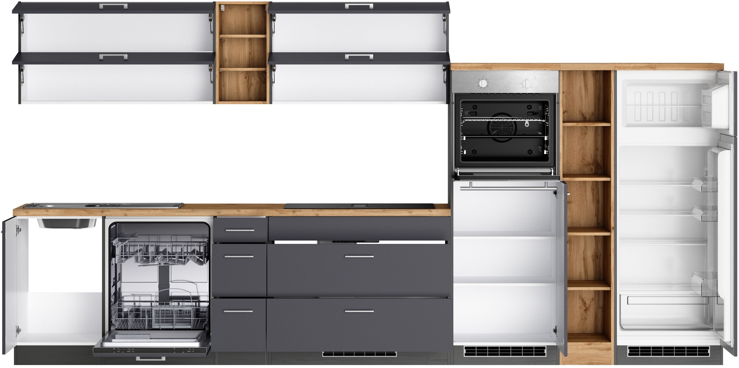 KOCHSTATION Küchenzeile »KS-Milan, optional mit Muldenlüfter« Breite 390 cm, wahlweise mit E-Geräten, Kochfeld mit Dunstabzug