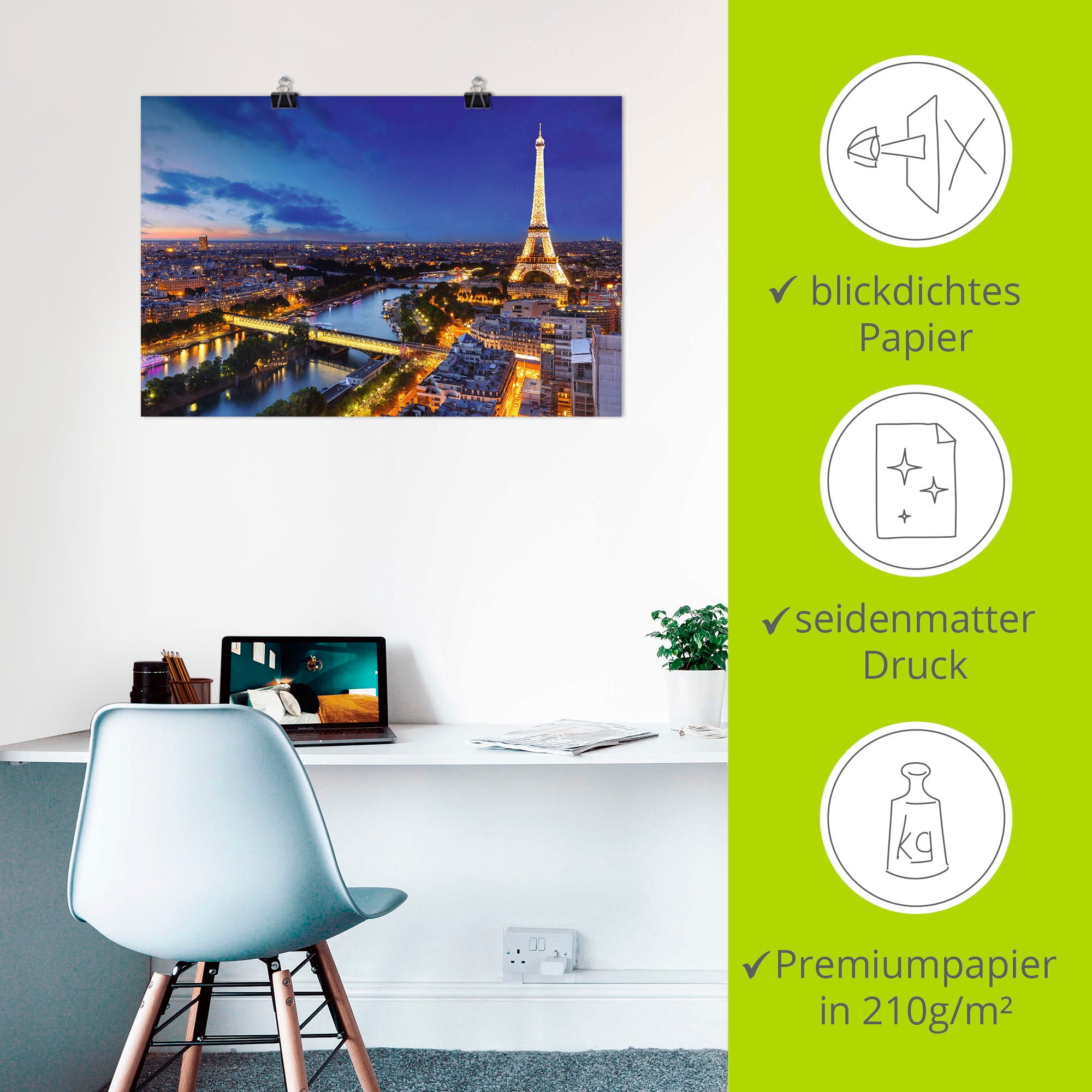 Artland Wandbild »Eiffelturm und Seine am Abend, Paris«, Paris, (1 St.), als Alubild, Outdoorbild, Leinwandbild, Poster, Wandaufkleber