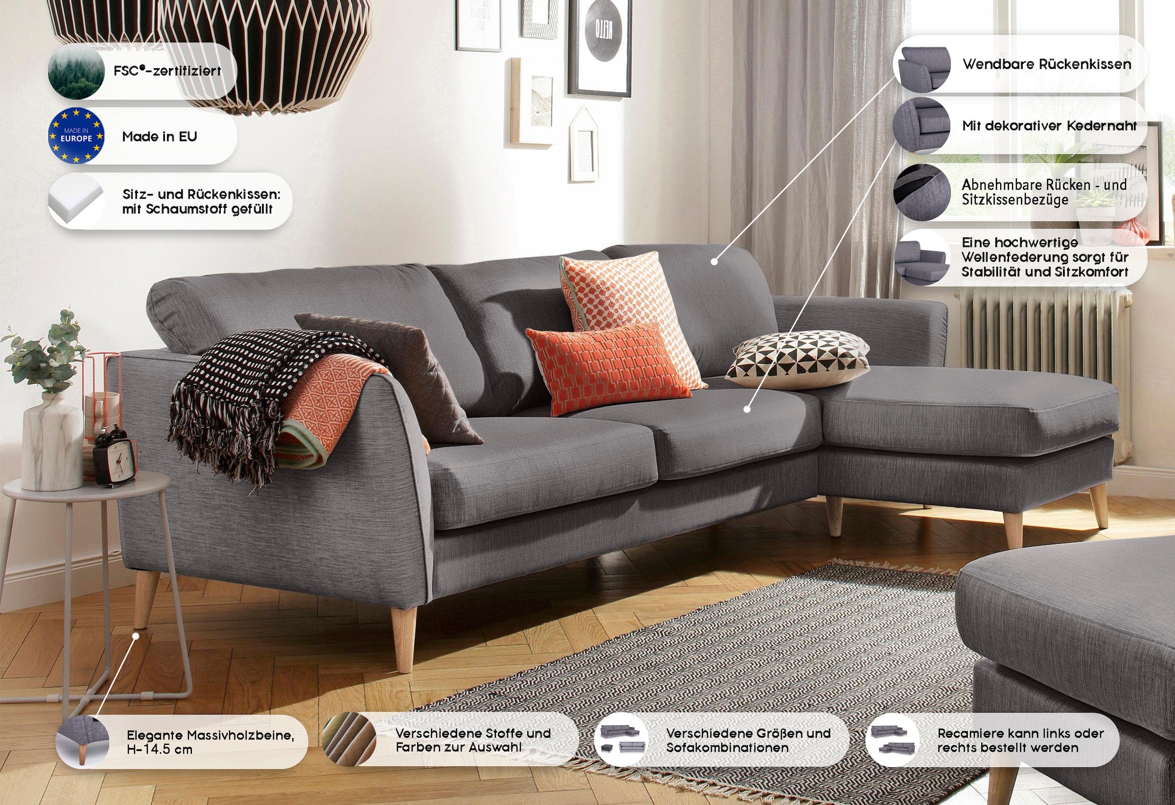 Home affaire Ecksofa »MARSEILLE (279/152cm),L-Form, Rec. rechts/links, verschiedene Bezüge« Massivholzbeine Eiche, Landhausstil, Wellenunterfederung