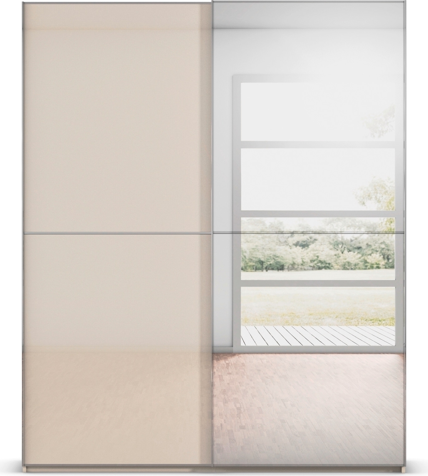 rauch Schwebetürenschrank »Kleiderschrank Schrank Garderobe Schlafzimmerschrank SCALE-DUO« edle zweigeteilte Türen Spiegel/Glas-Mix 3 Zierleisten MADE IN GERMANY