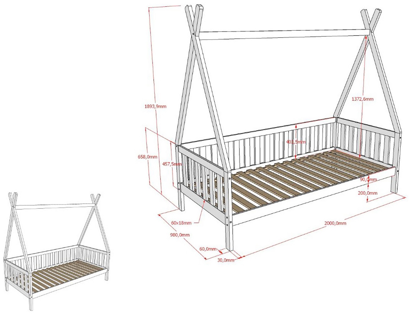 Vipack Massivholzbett »mit Tipi Dach, seitlich und hinten mit Sprossenumrandung« Liegefläche 90/200 cm inkl. Massivholz Rollattenrost,  Korpus aus massiver Kiefer, weiß lackiert