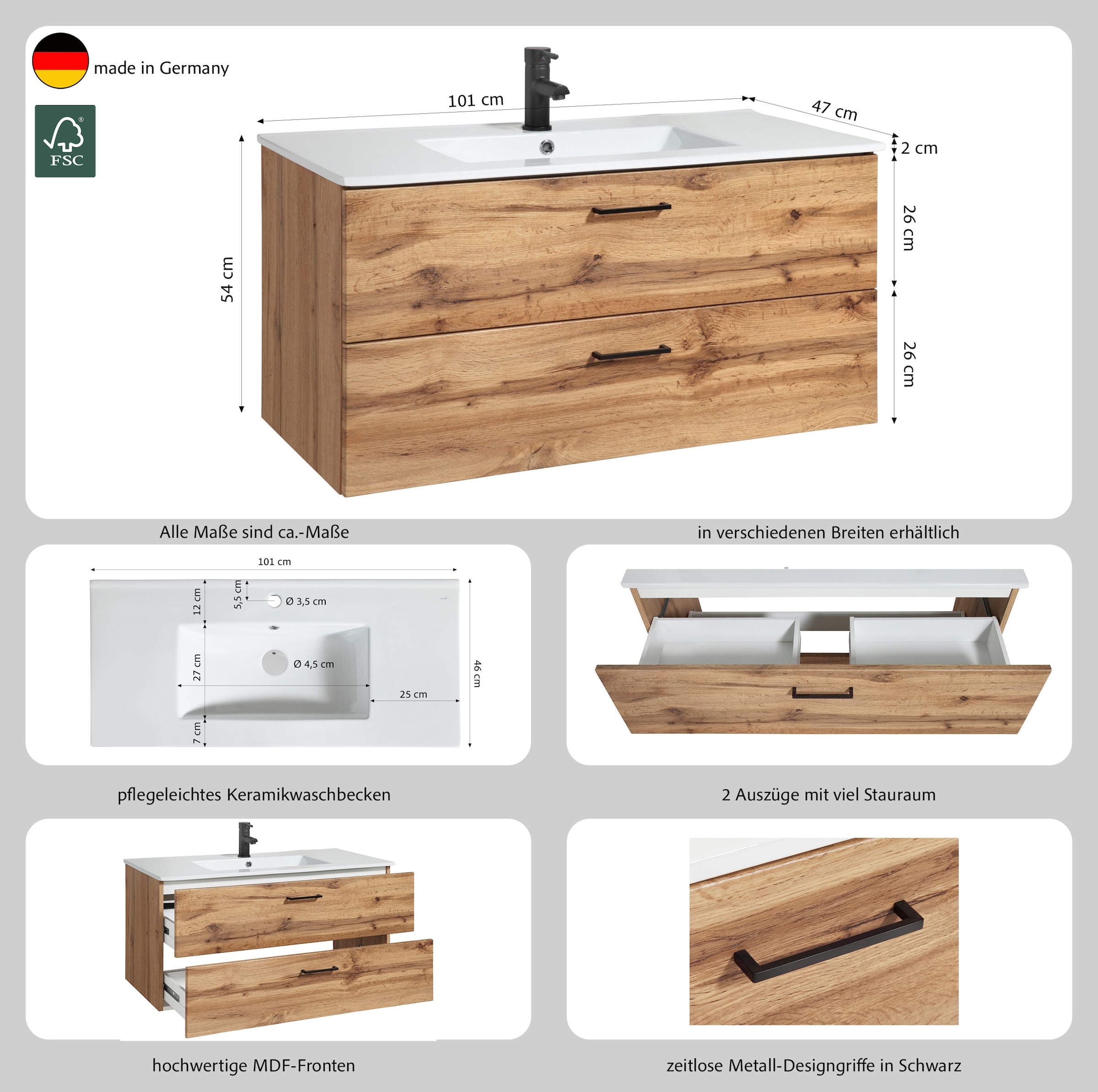 welltime Waschtisch »Trento in verschiedenen Ausführungen Unterschrank inkl. Waschbecken« Badmöbel in Breite 100 cm, Waschplatz mit 2 Schubladen , Badschrank