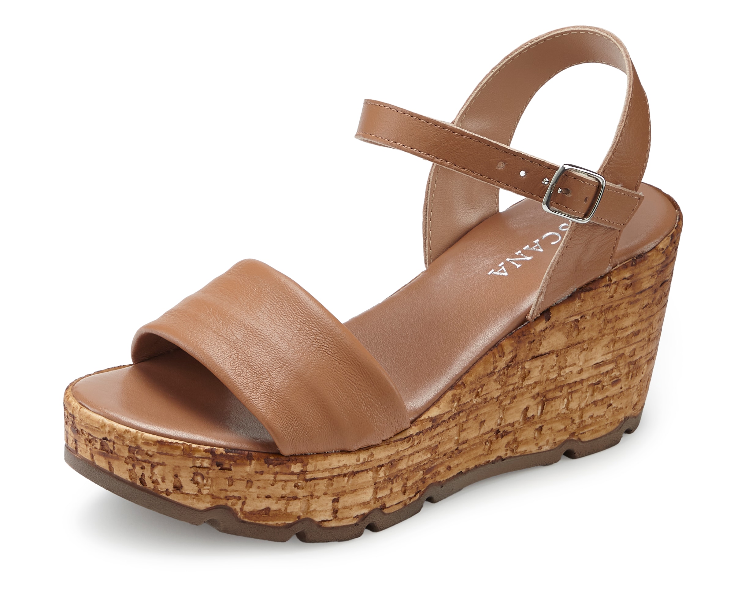 LASCANA Sandalette »Sommerschuh, offener Schuh, Sandale, Keilsandalette,«  NEU aus Leder mit Keilabsatz in Kork-Optik