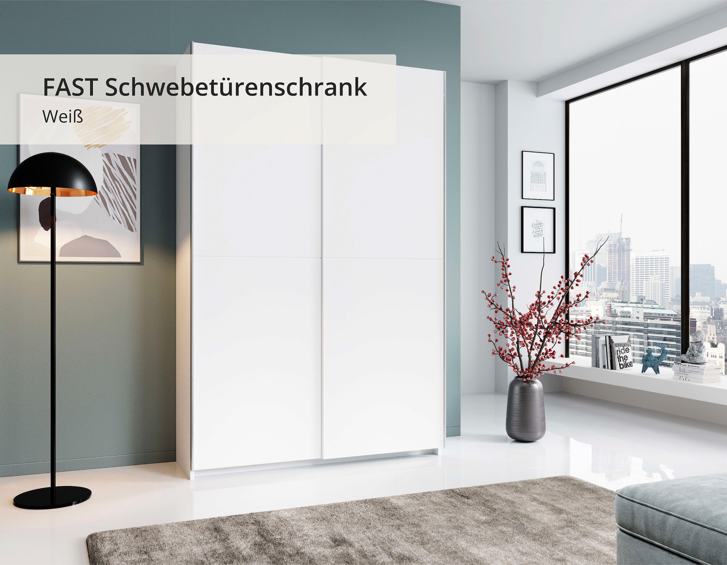 Schlafkontor Schwebetürenschrank "Heimo/Fast Schrank Kleiderschrank Garderobe" geringe Tiefe, ausziehbarer Kleiderstange, Garderobenschrank, 6 Böden
