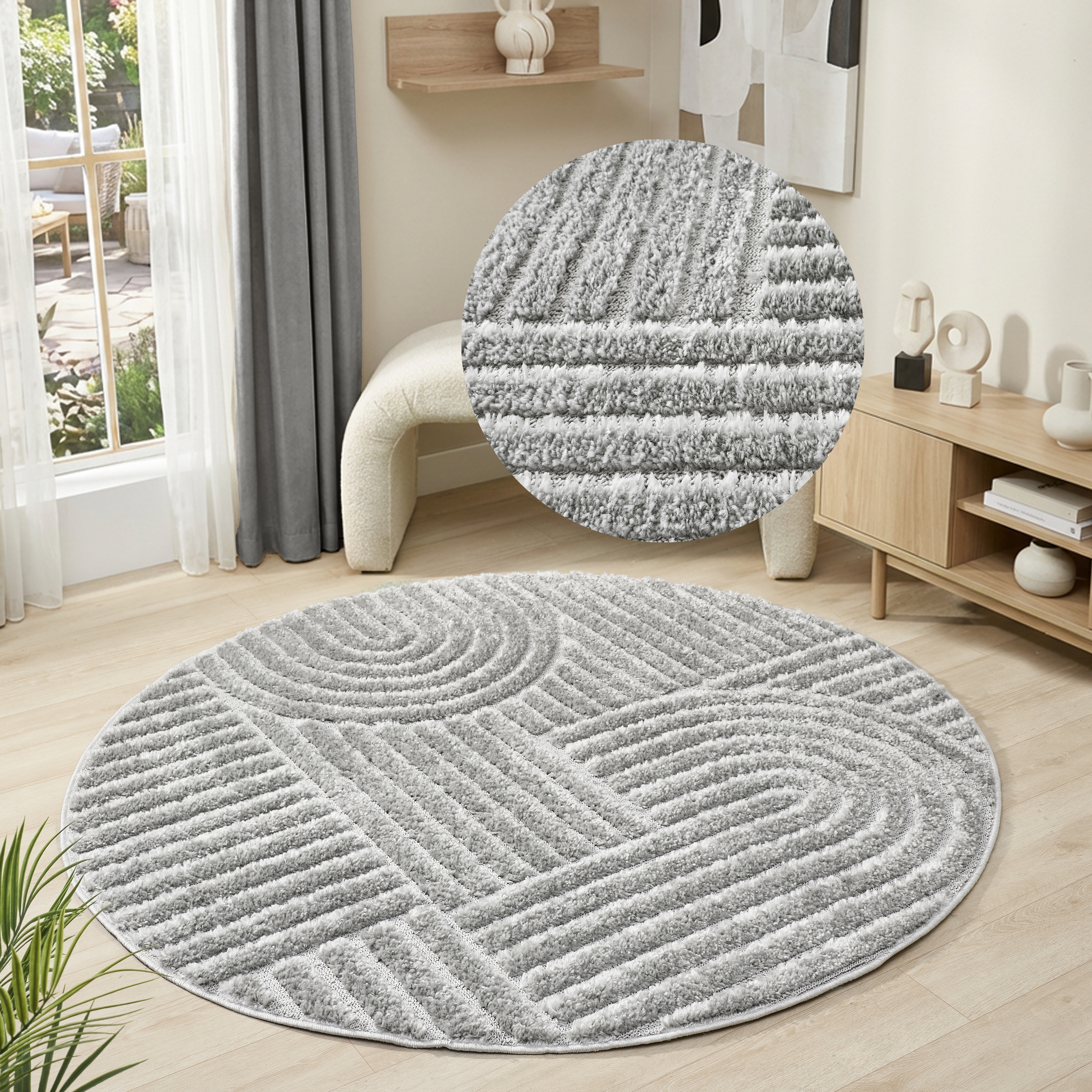 OTTO home Teppich »Jonne, Boho-Design, Scandi, Designteppich« rund 20 mm Höhe Hoch-Tief, 3D Optik, skandinavischer Stil, Wohnzimmer, Schlafzimmer