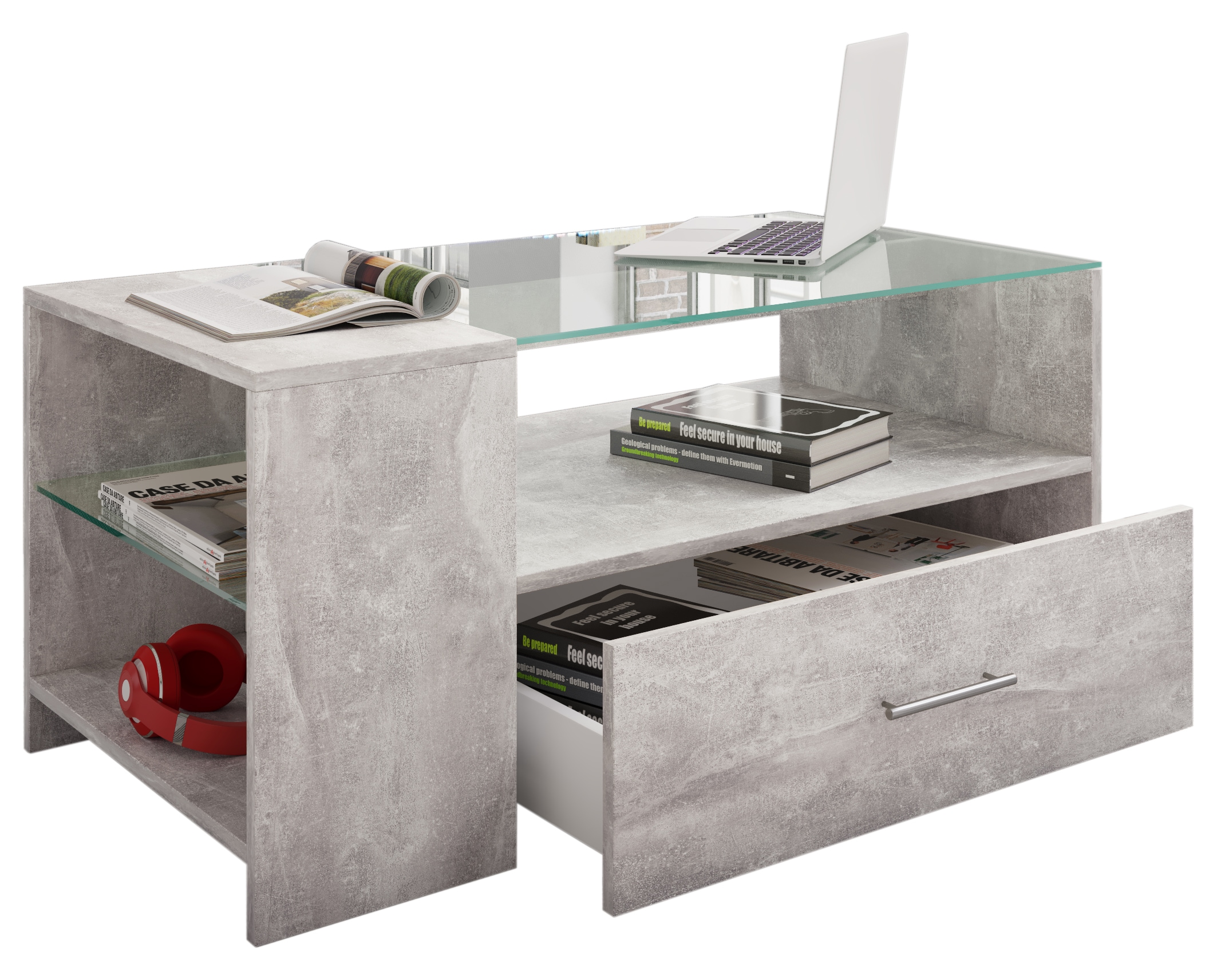 VCM Couchtisch "Holz Sofatisch Couchtisch Schublade Glas Tindala" 1 Stk. tlg.