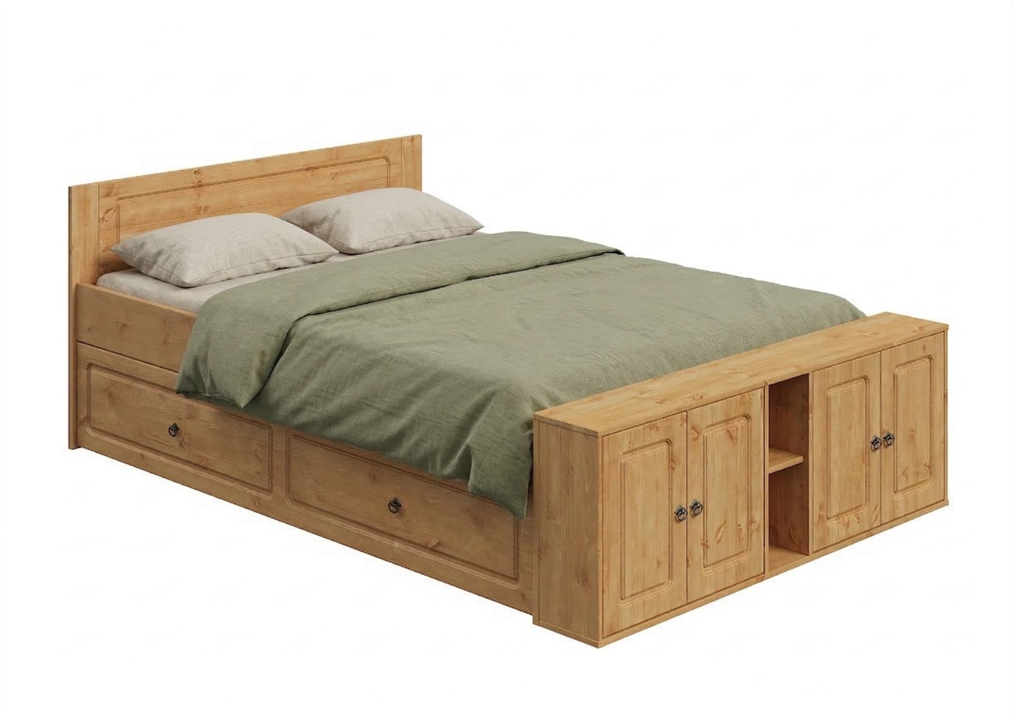 OTTO home Massivholzbett »Paula, mit Türen und Ablage, Schublade optional, Landhausstil« (B/T/H: 148,8/224,4/82 cm,  Massive Kiefer, extra viel Stauraum im Fußteil, FSC®-zertifiziert