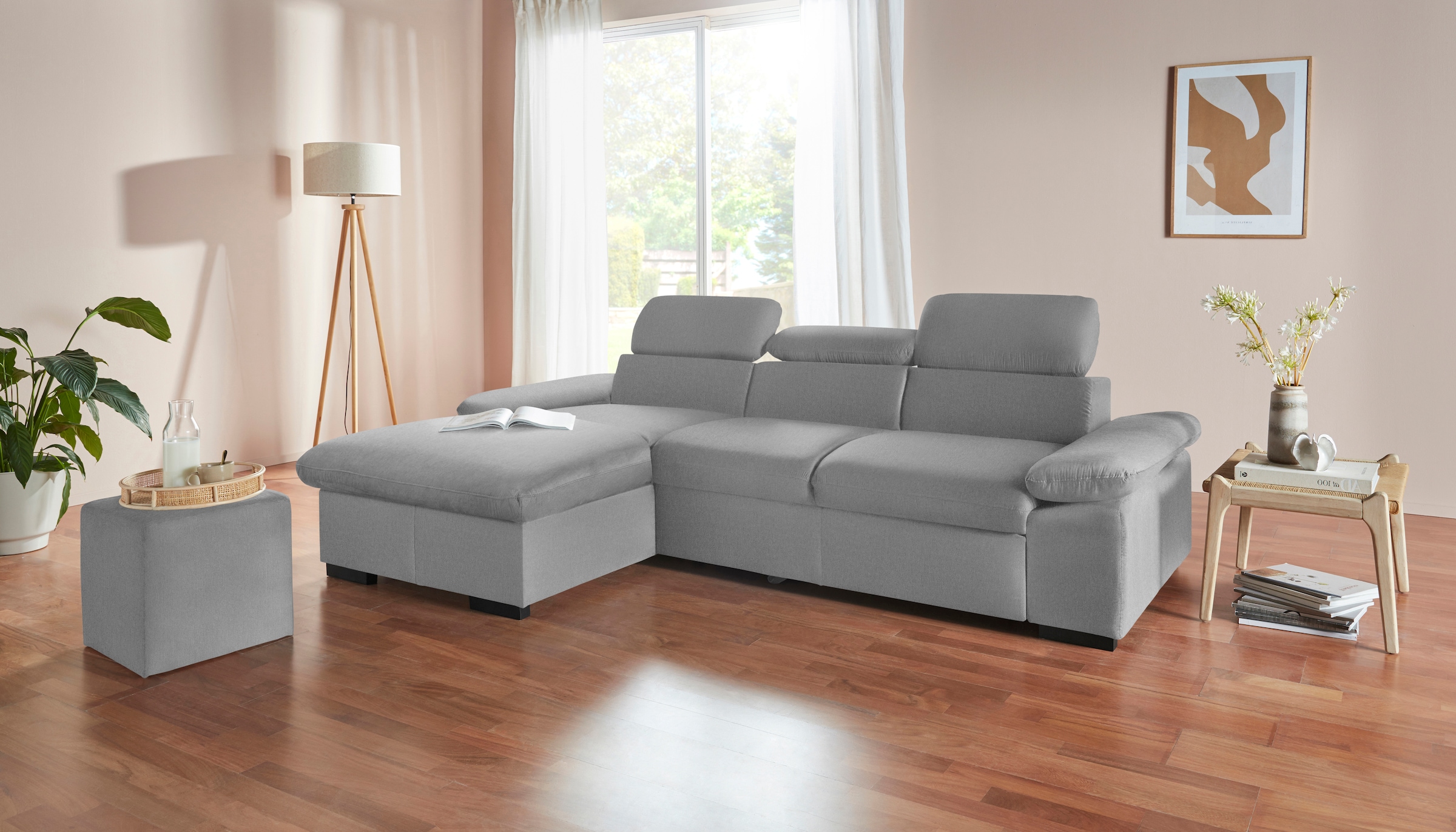 COTTA Ecksofa »Lola L-Form mit Kopfteilfunktion & Hocker«, (Set, mit Hocker), wahlweise mit Bettfunktion, Bettkasten & Armteilverstellung