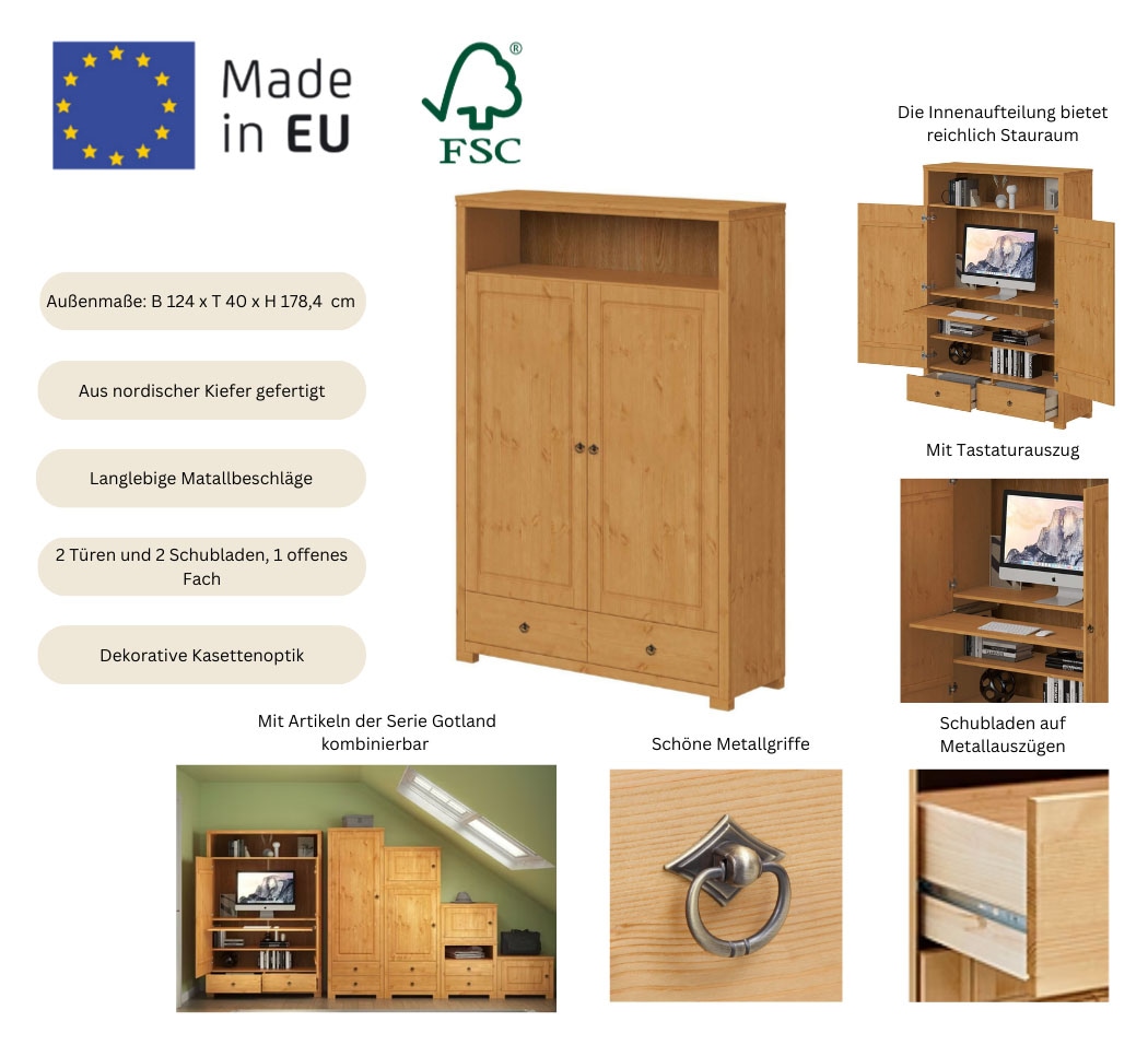 OTTO home Wäscheschrank »Gotland! Home Office Schrank, Mehrzweckschrank, Büroschrank« H/B/T ca. 180/125/40cm,  mit Ausziehregal, Schublade, stabil + langlebig, Massivholz made in EU