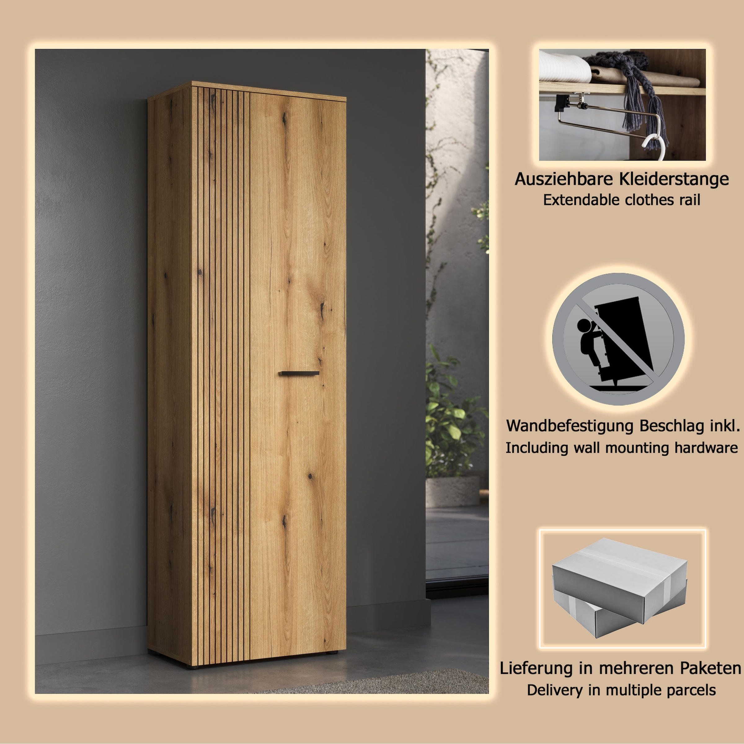 Home affaire Garderobenschrank »Amrum« 1 Stk. tlg. Garderobenschrank mit 2 Türen & 1 Kleiderstange – (B/T/H) 60/36/196 cm