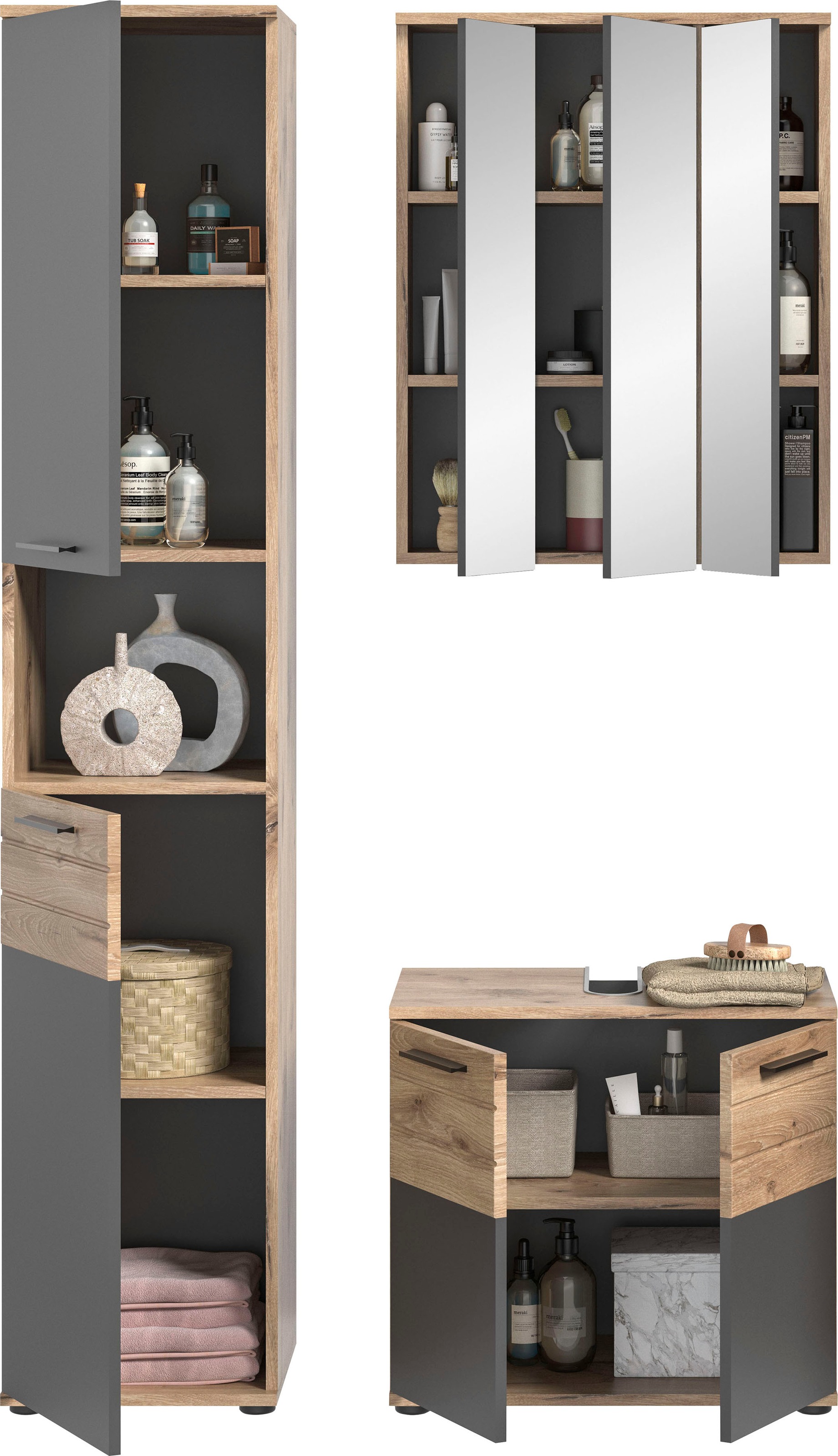 INOSIGN Badmöbel-Set »Riga, 3 teilig, bestehend aus:«, (Set), Hochschrank, Waschbeckenunterschrank, Spiegel
