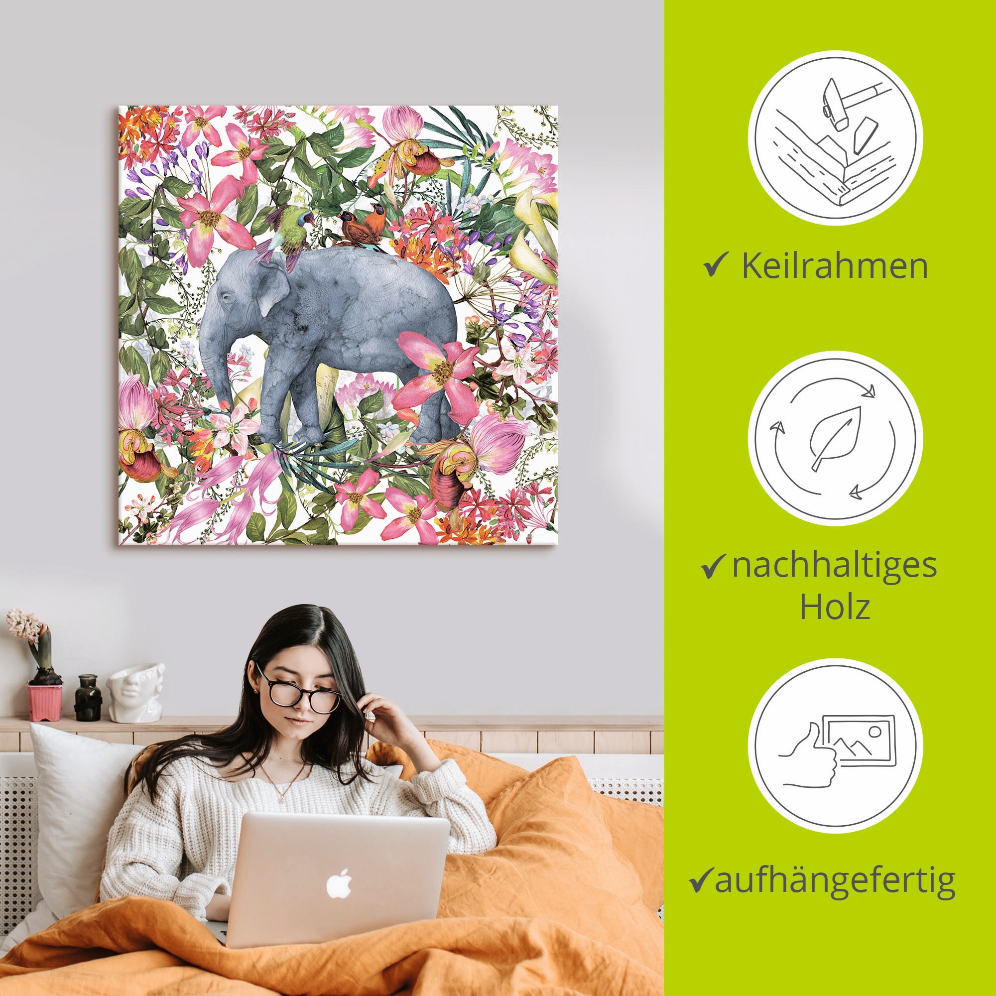 Artland Wandbild »Elefant im Blüten Dschungel«, Wildtiere, (1 St.), als Leinwandbild, Poster in verschied. Größen