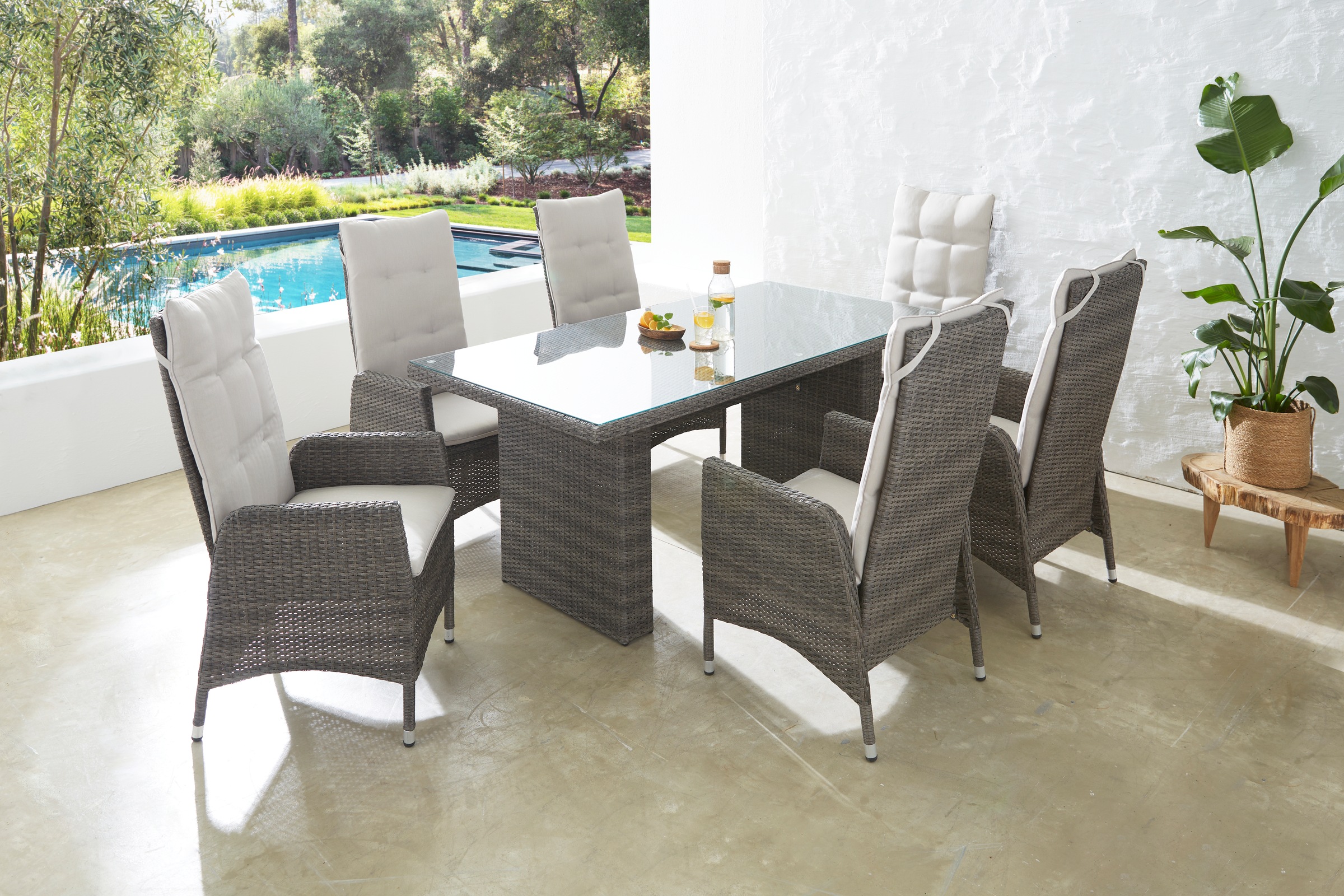 KONIFERA Garten-Essgruppe "Casablanca" Set, 6x Sessel, 1x Tisch 180x90x74 cm, Stahl/Polyrattan, 7 Stk. tlg. inkl. Auflagen