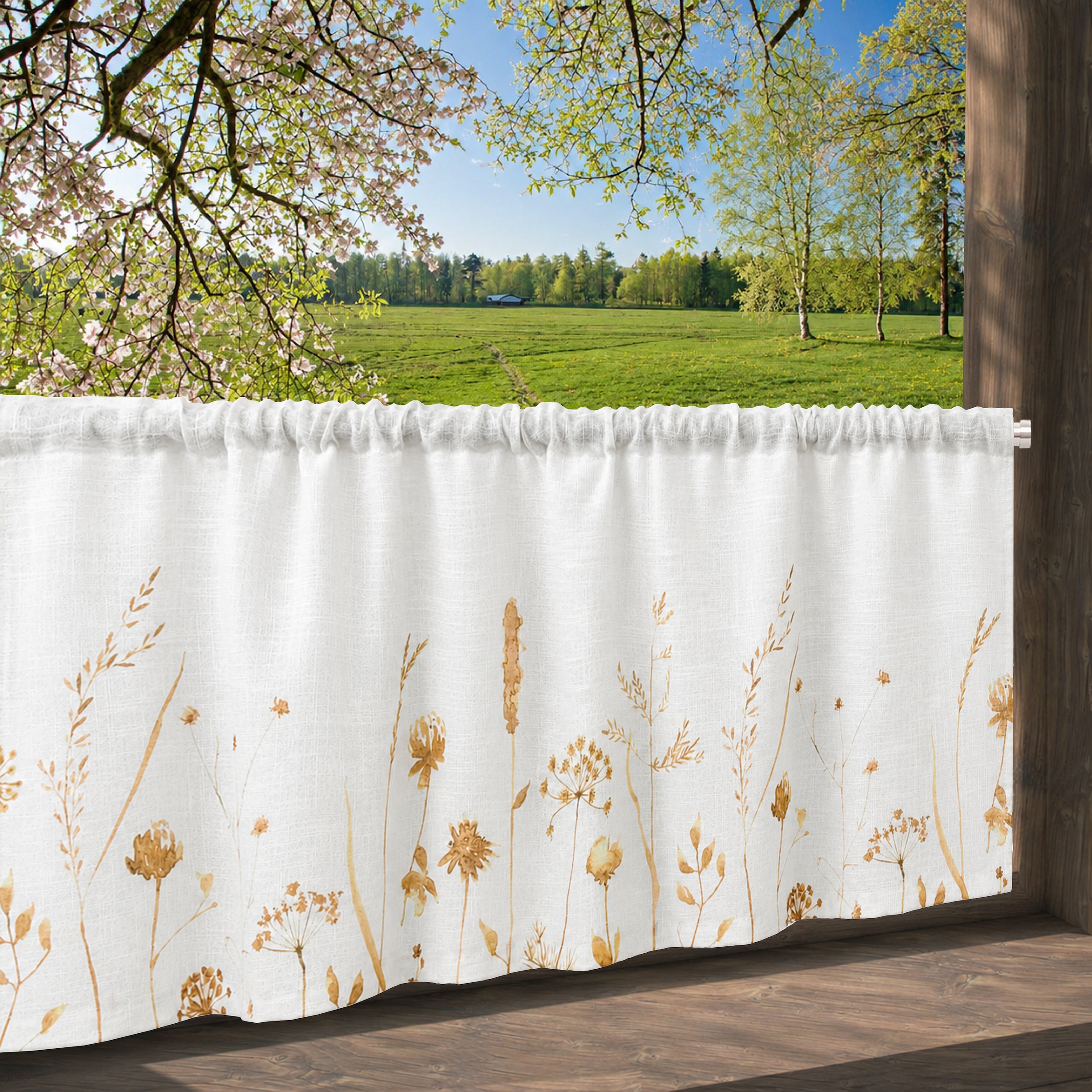 OTTO home Scheibengardine »Rikkert« Stangendurchzug 1 Stk. tlg. Lichtschutz, Leinen-Optik mit Naturmotiv, verschiedene Größen
