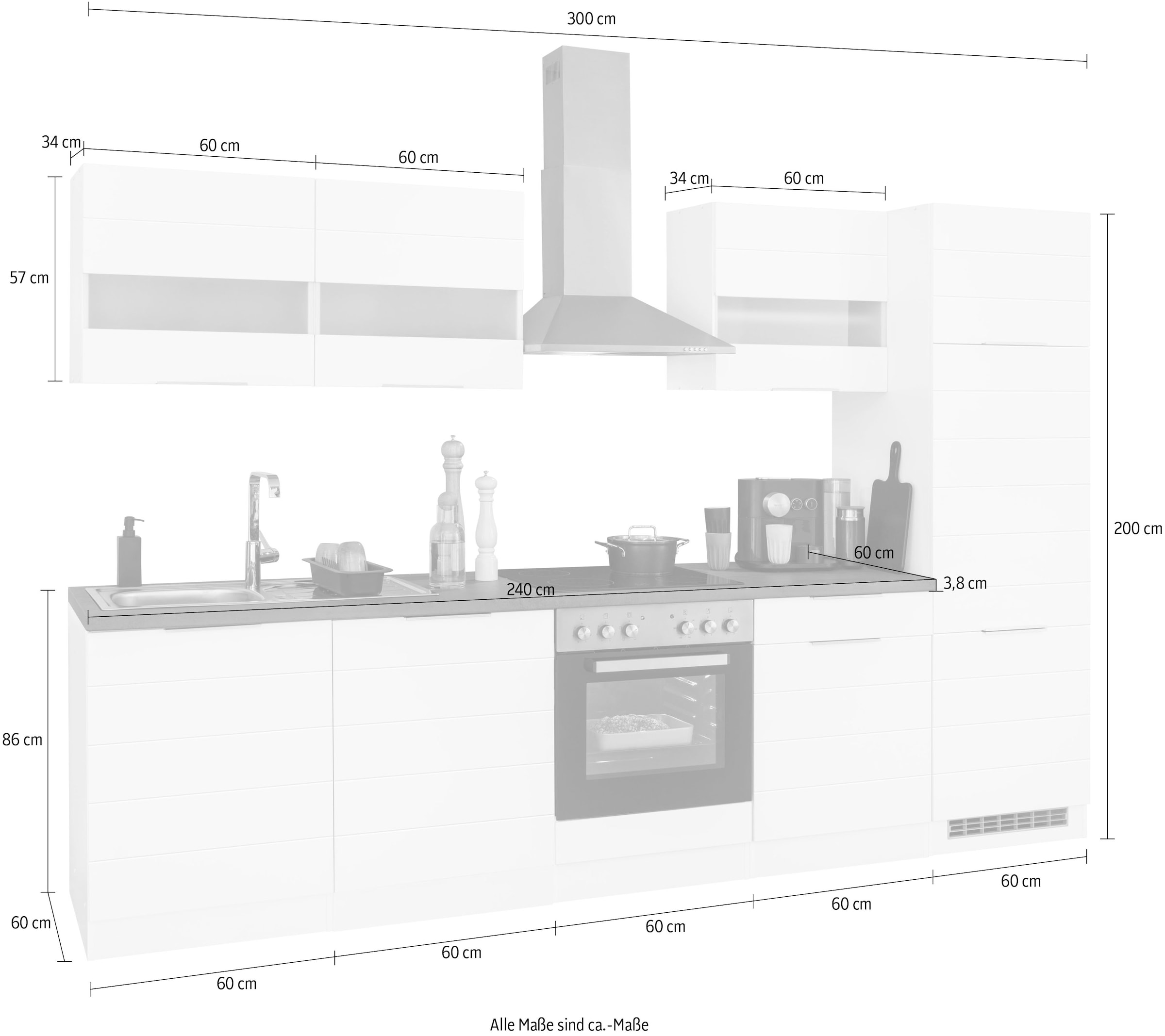 KOCHSTATION Küchenzeile »KS-Luhe« 300 cm breit, wahlweise mit oder ohne E-Geräten, gefräste MDF-Fronten