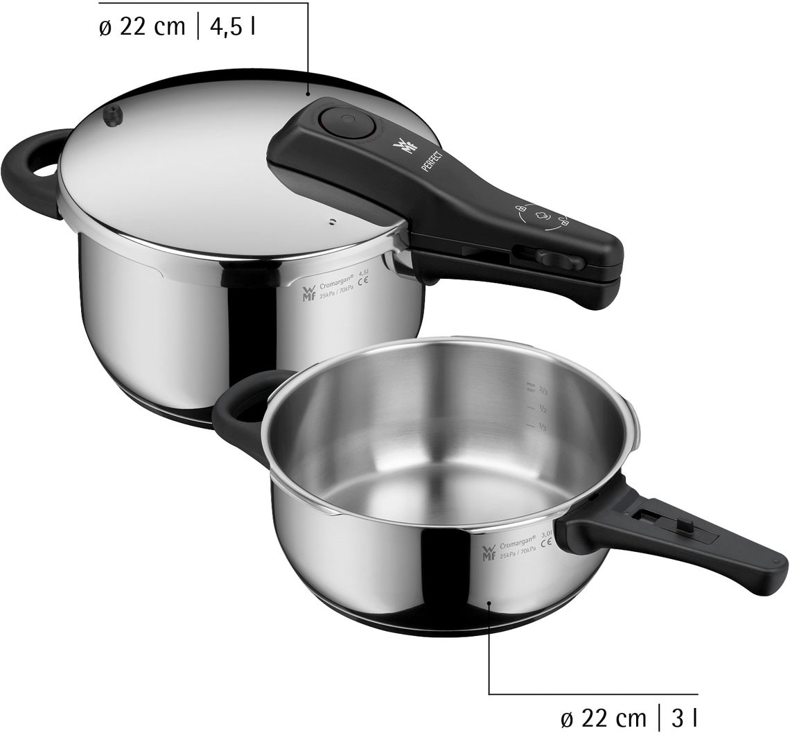WMF Schnellkochtopf »Perfect One Pot, Dampfkochtopf Induktion 4,5l + 3l, großes Kochsignal« Set, 1x Schnellkochtopf 4,5 I mit Deckel und 1x Schnellbratpfanne 3,0 l, 2 Stk. tlg. Cromargan® Edelstahl Rostfrei 18/10