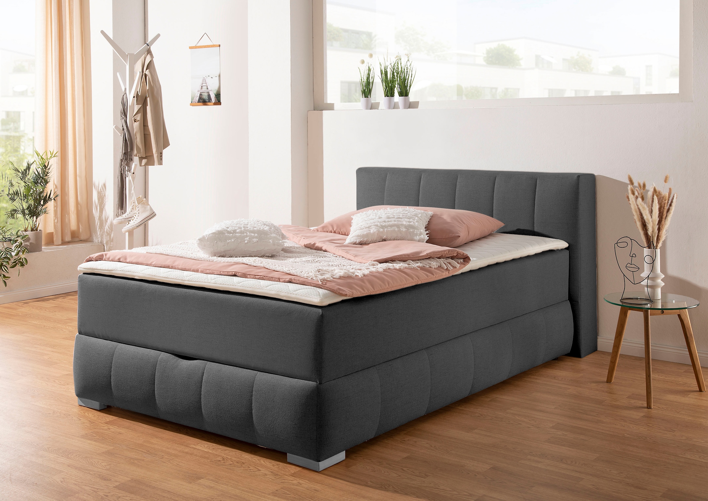 Home affaire, Boxbett »Chelles« inkl. Topper und Bettkasten, anthrazit, Struktur, anthrazit