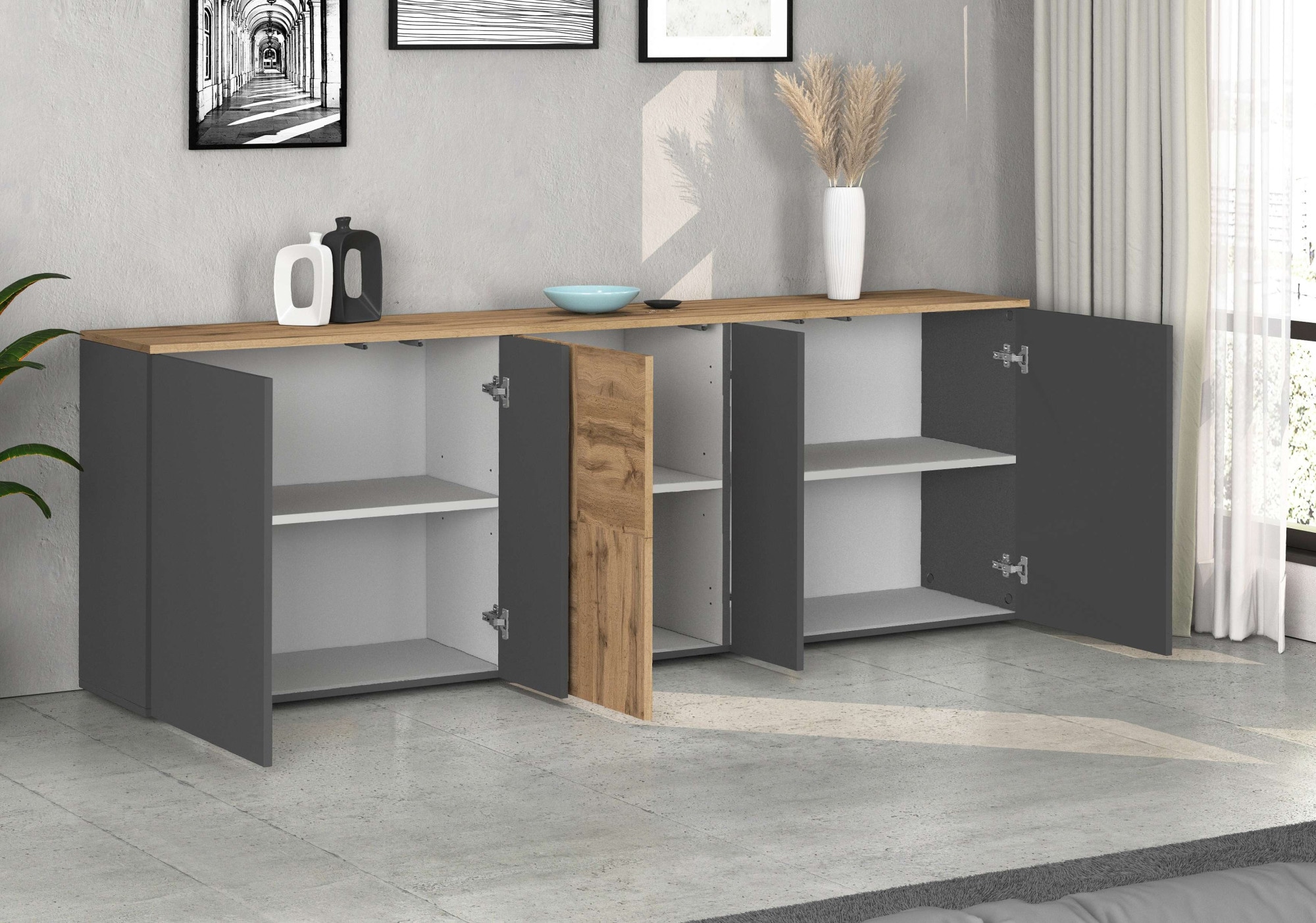 OTTO home Sideboard »ISEO, Kommode, Schrank, Sideboard, Lowboard, 6 Fächer, Breite 200 cm« 1 Stk. tlg. stehend/hängend, 5 Türen, 6 Fächer, Breite 200 cm