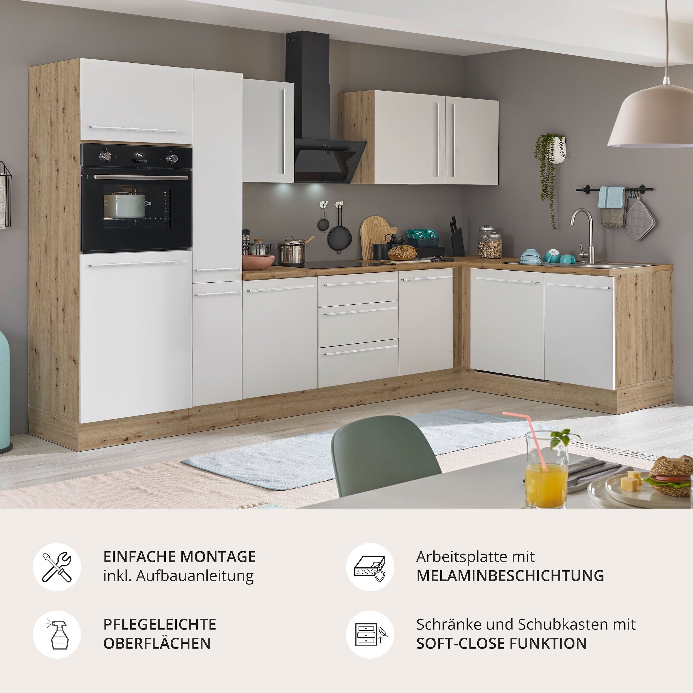 KOCHSTATION Winkelküche »Florida, Stellbreite 310x175 cm« wahlweise mit E-Geräten, mit Softclose für Türen und Schubkästen