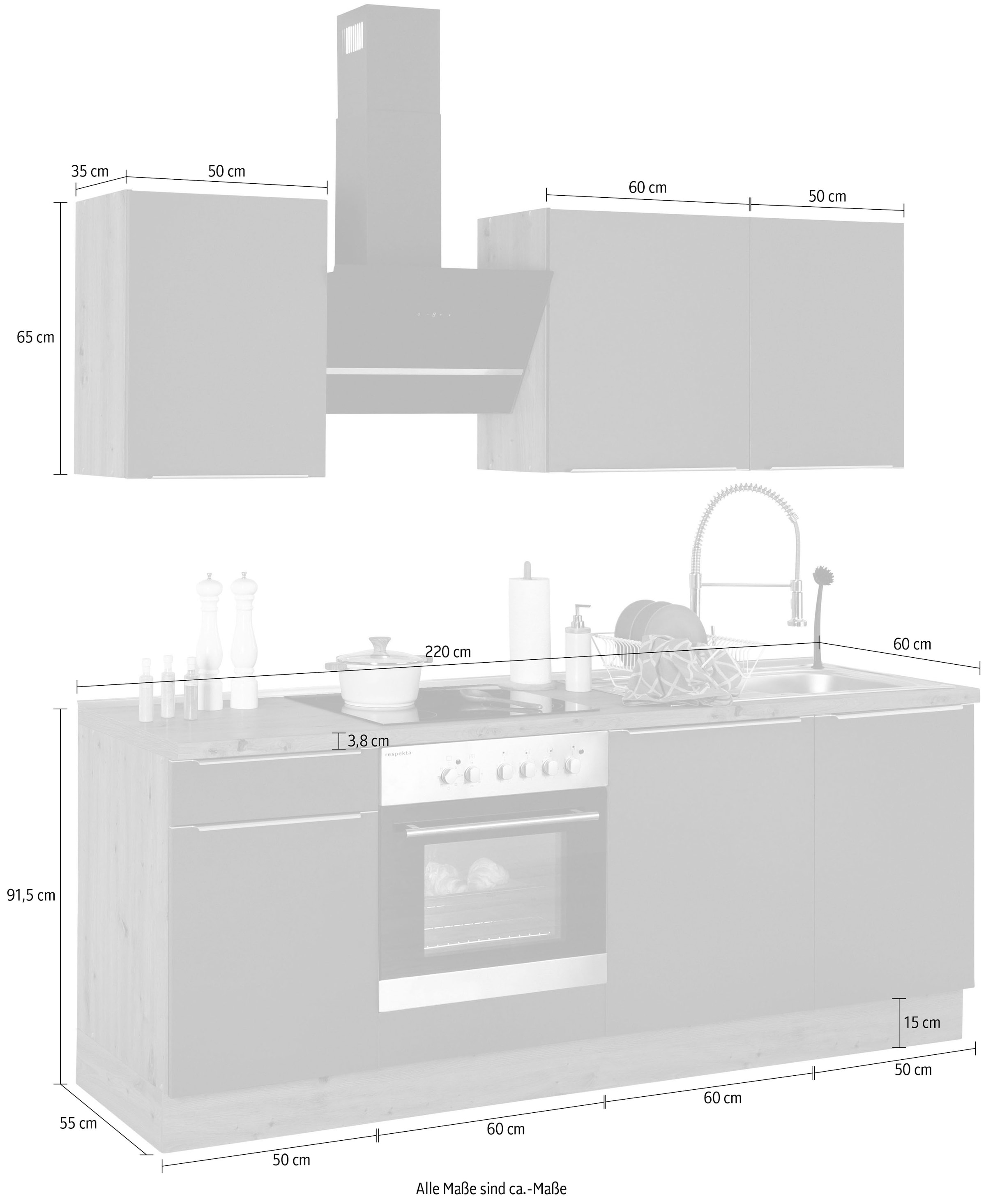 RESPEKTA Küchenzeile »Safado aus der Serie Marleen«, hochwertige Ausstattung  wie Soft Close Funktion, Breite 220 cm auf Raten bestellen