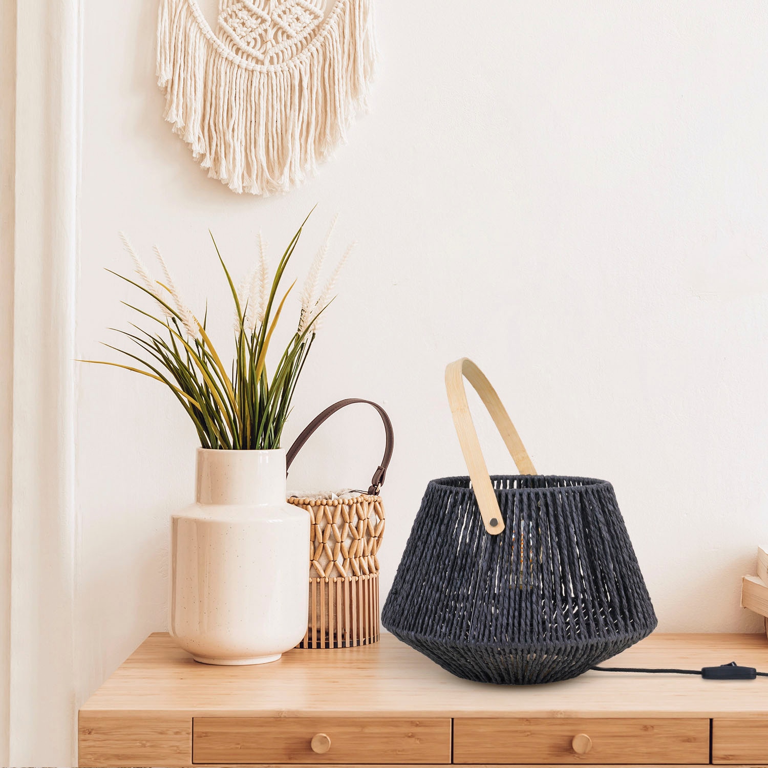 Paco Home Tischleuchte »CISCO« E27 Schreib Nachttisch Lampe Leselampe Lederband Korb E27