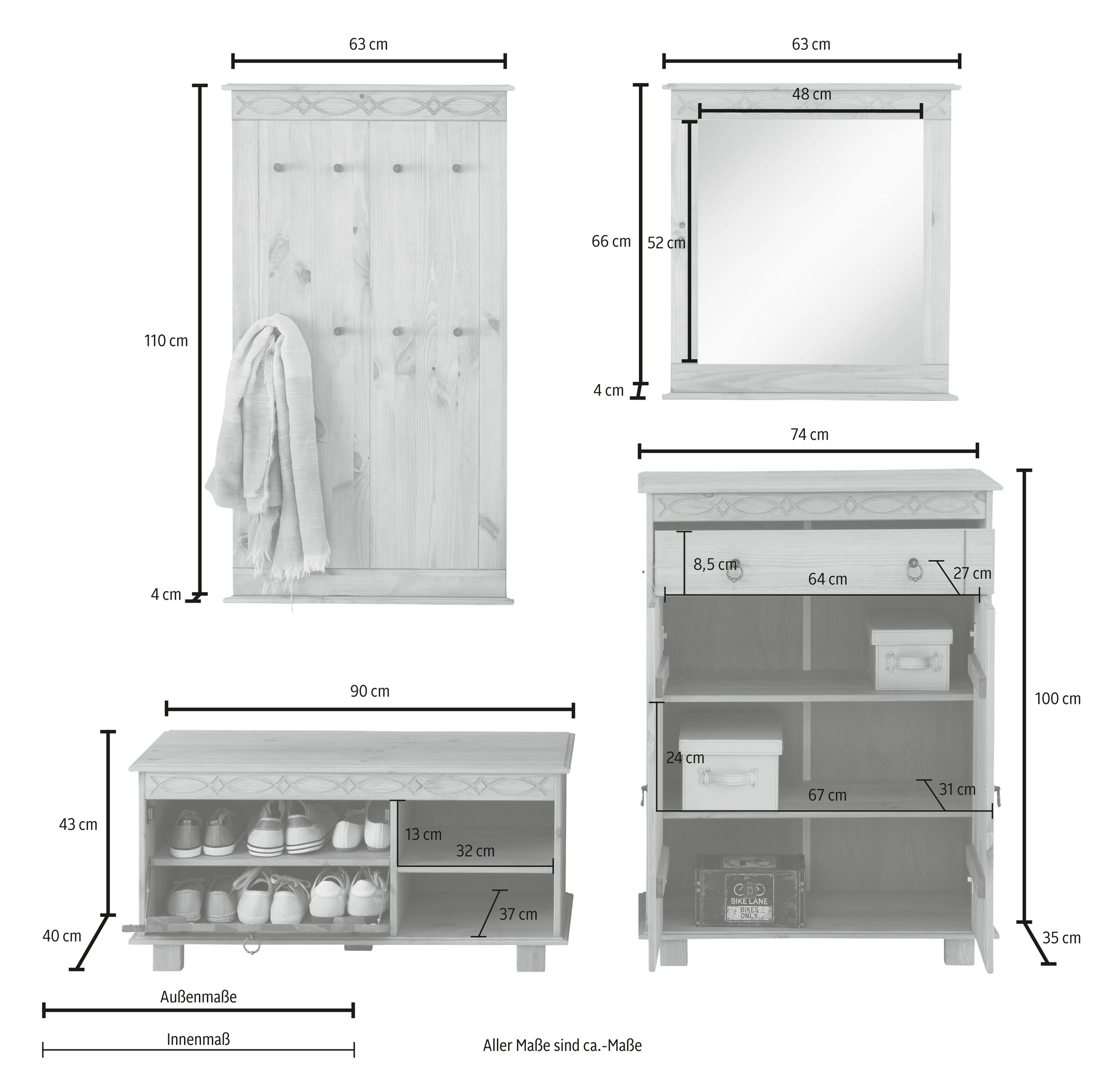 Home affaire Garderoben-Set »Indra«, (Set, 4 St.), 4-tlg. Set: Schuhbank, Paneel, Spiegel, Kommode, Kiefer massiv