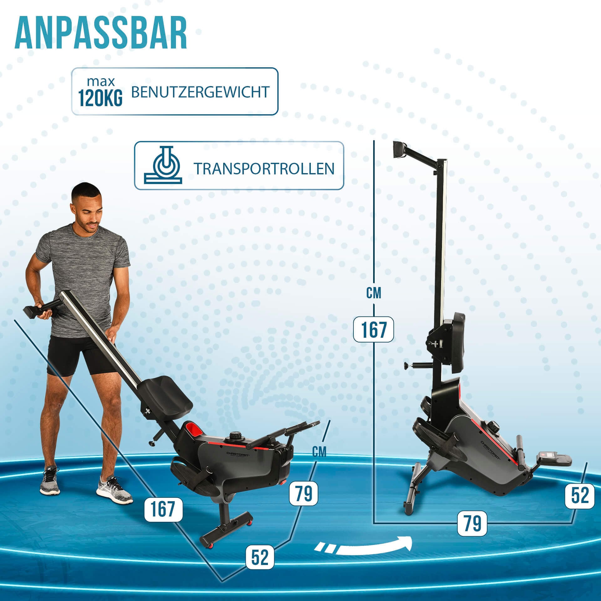 Christopeit Sport® Rudergerät »RW 1000«, (Bluetooth Verbindung für optionalen BT-Pulsgurt; Bluetooth Verbindung), Rudermaschine, 8 Widerstandsstufen