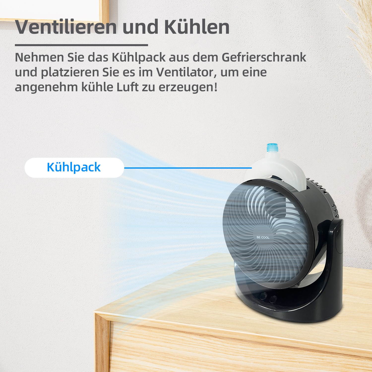 be cool Mini USB-Ventilator »USB-Windmaschine 15cm mit Kühlakku schwarz«, Kupfermotor, Kühlakku im Lieferumfang, 7-farbige LEDs, USB Typ-C