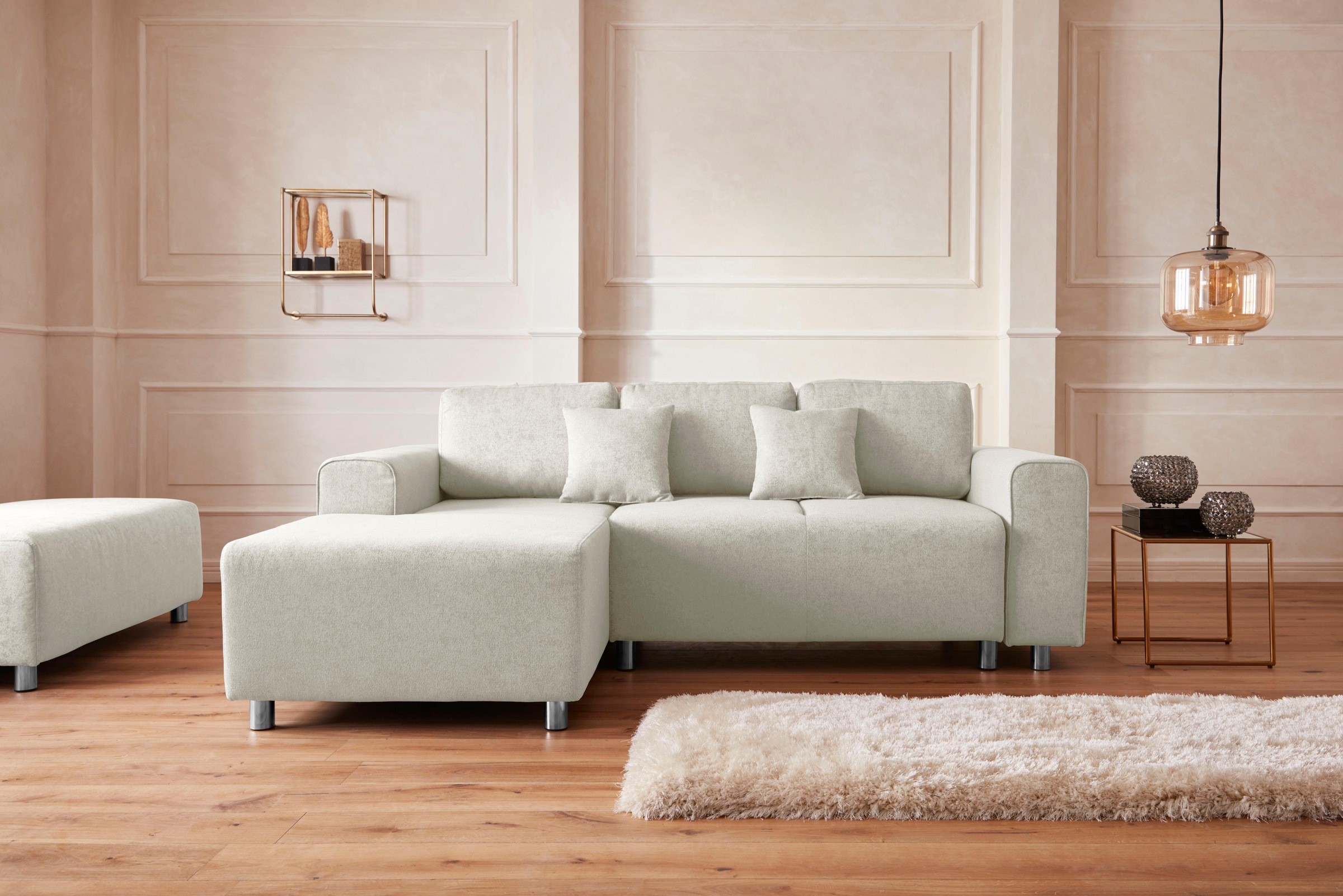 Guido Maria Kretschmer Home&Living Ecksofa »Györ«, L-Form, wahlweise mit Bettfunktion und Bettkasten incl. 2 Zierkissen
