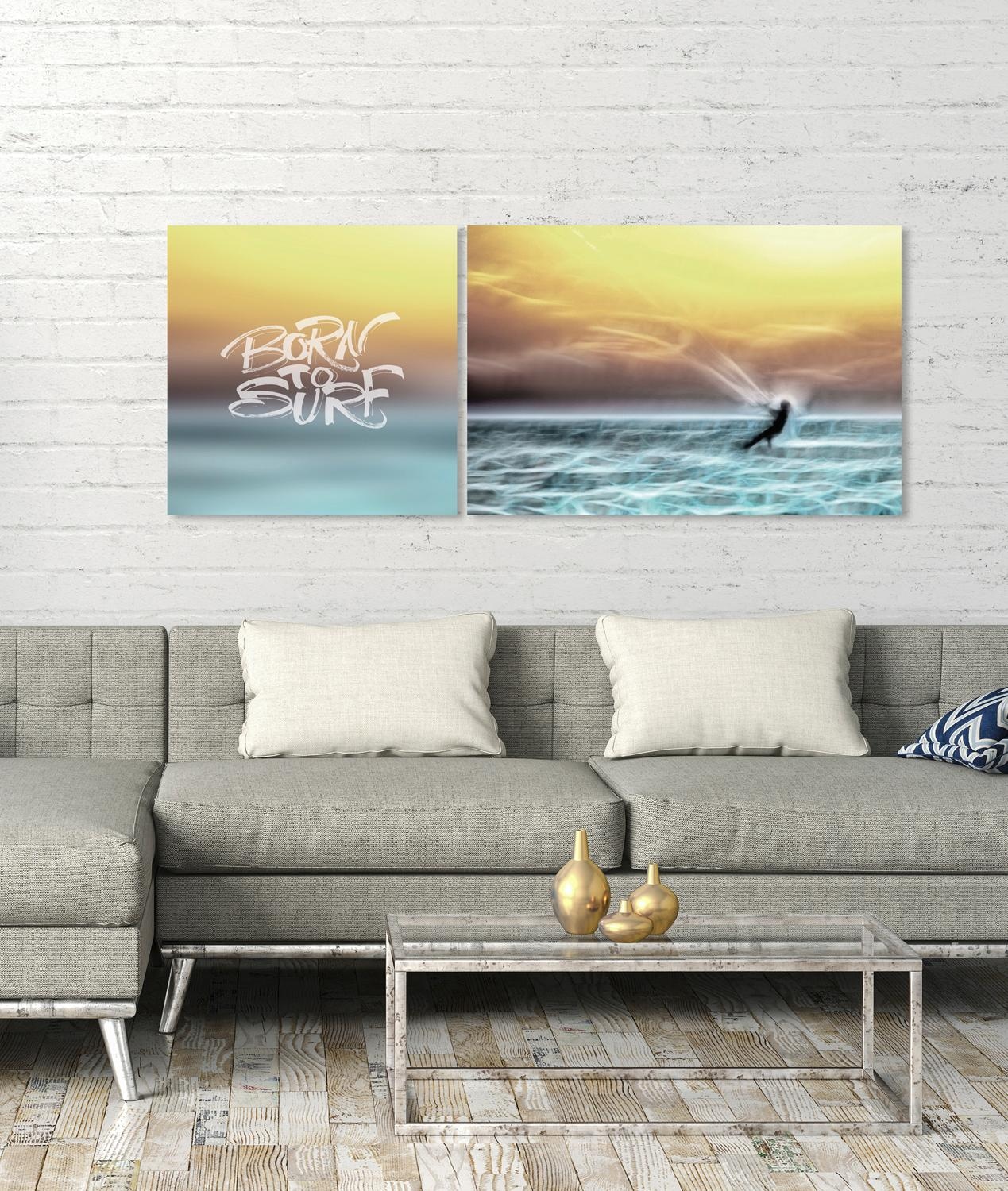 queence Leinwandbild »Born to Surf«, Meer-Meer Bilder-Kunst-Modern-Spa-Spa Bilder-Sprüche-Sprüche & Texte-Schriftzug-Schriftzüge, (Set), Premium-Leinwandstoff, Handarbeit aus Deutschland, Spruch, 2er Set