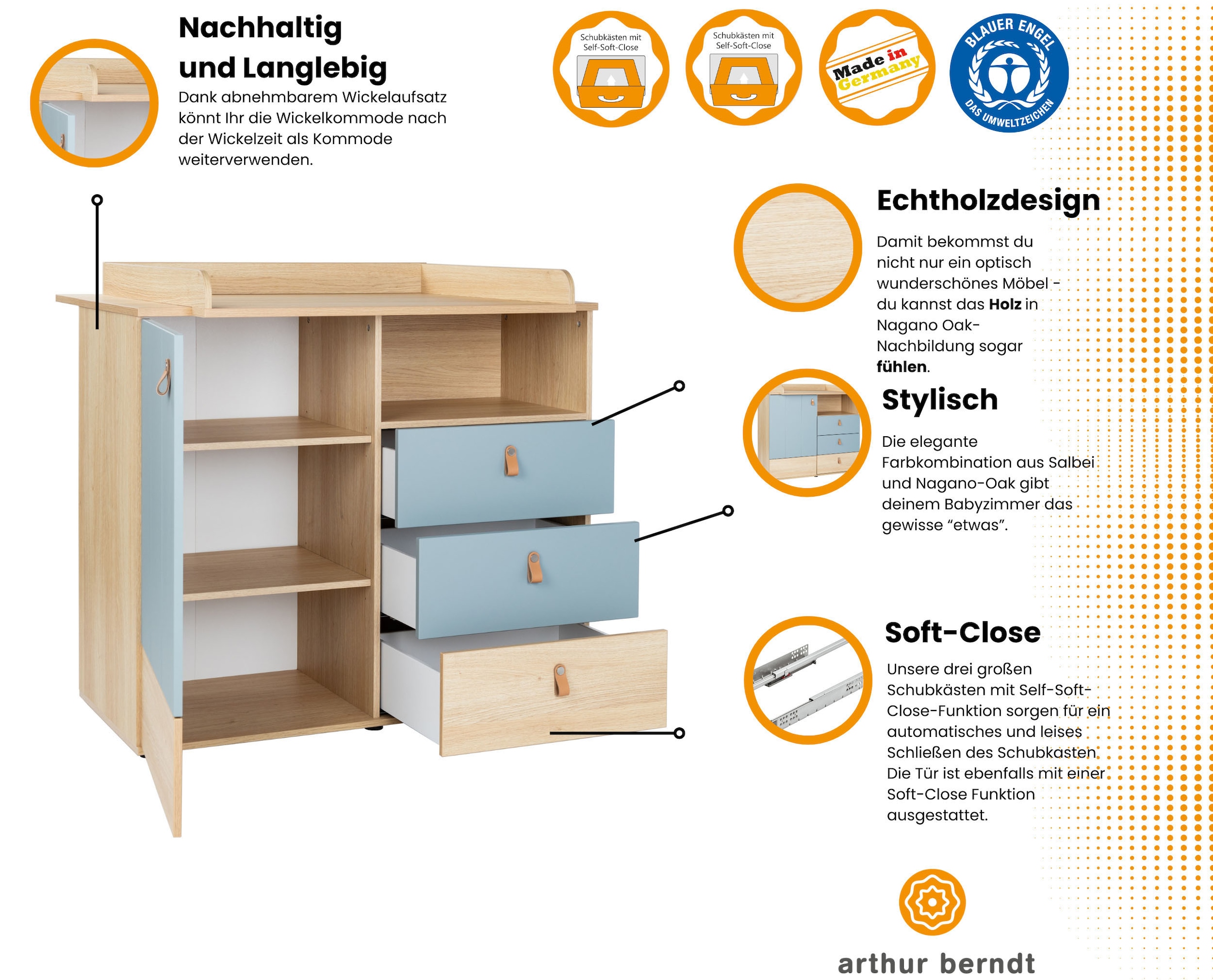 arthur berndt Babyzimmer-Komplettset »Babyzimmer-Set »Roofy« 3-teilig mit 2-türigem Kleiderschrank«, (Set, 3 tlg., Babymöbel-Set »Roofy« Kleiderschrank,Kinderbett+Wickelkommode)